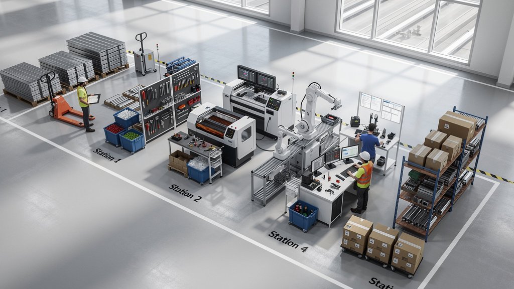 Assembly line showing sequential production workflow stages