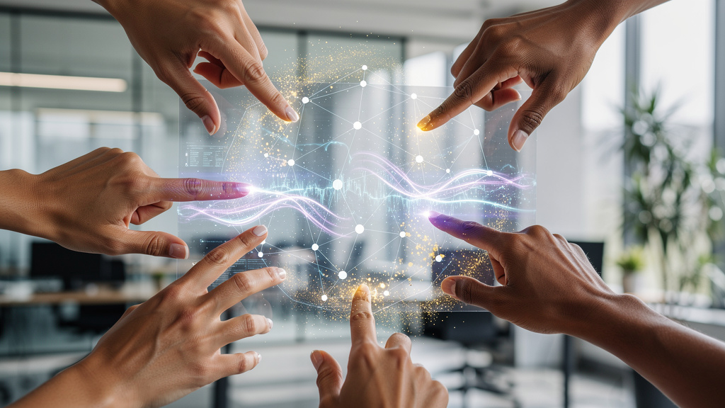 Human interaction with digital AI interface showing collaboration