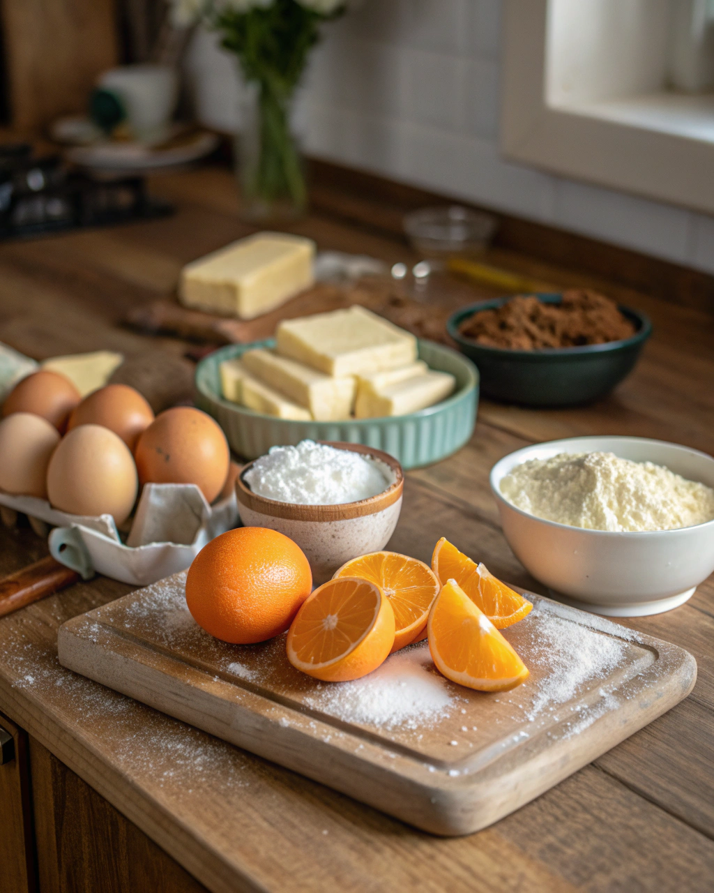 Orange velvet cake ingredients beautifully arranged with vibrant orange zest, cream cheese, and colorful gel food coloring displayed on marble surface