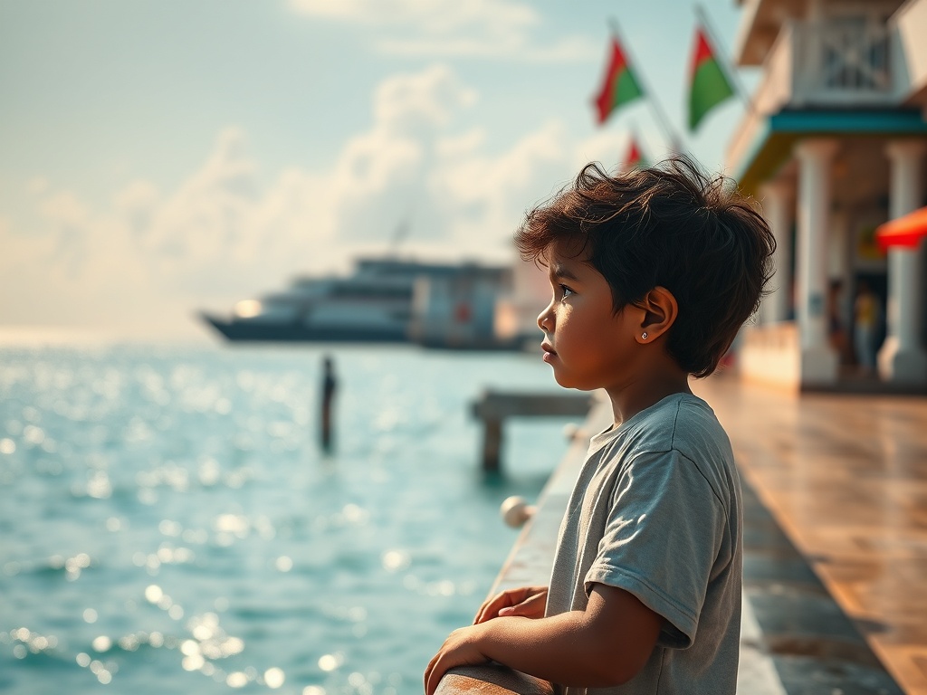 A Child Watches the Sea as Malé's Political Banners Fade Behind Them