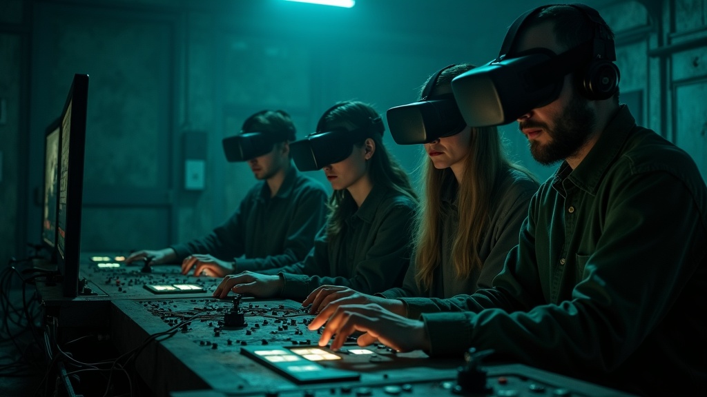 Equipo de amigos colaborando en el escape room de realidad virtual en Virtua Barcelona