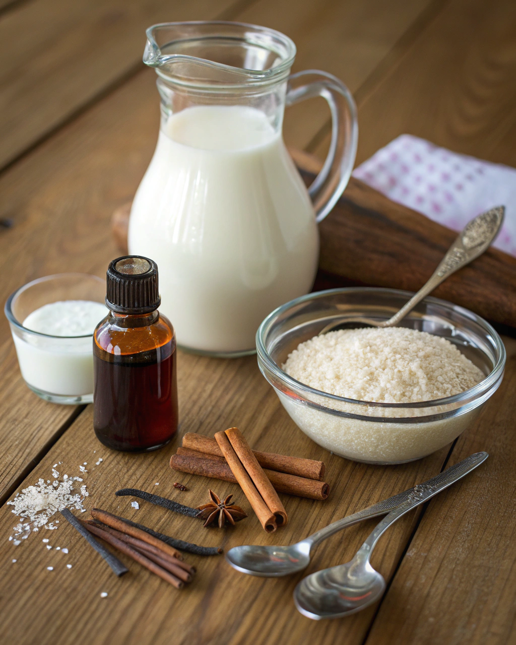 Old-fashioned rice pudding ingredients arranged on white marble surface including whole milk, sugar, salt, long grain white rice, vanilla extract, and ground cinnamon
