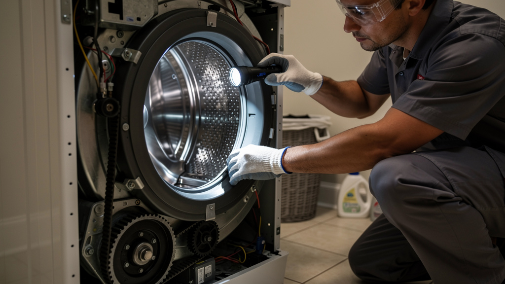 Technician diagnosing washing machine mechanical components during repair