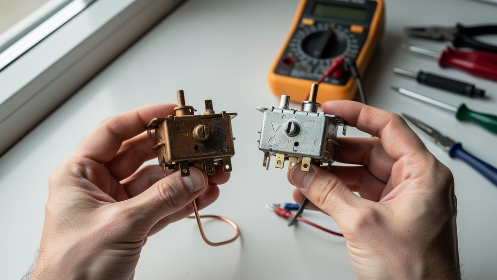 Expert technician comparing old and new refrigerator parts