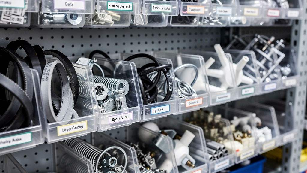 Comprehensive appliance parts organized in storage bins