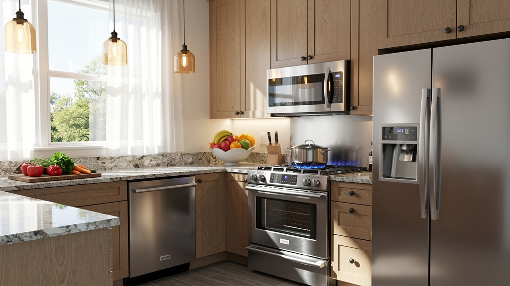 Modern kitchen with stainless steel appliances and natural lighting