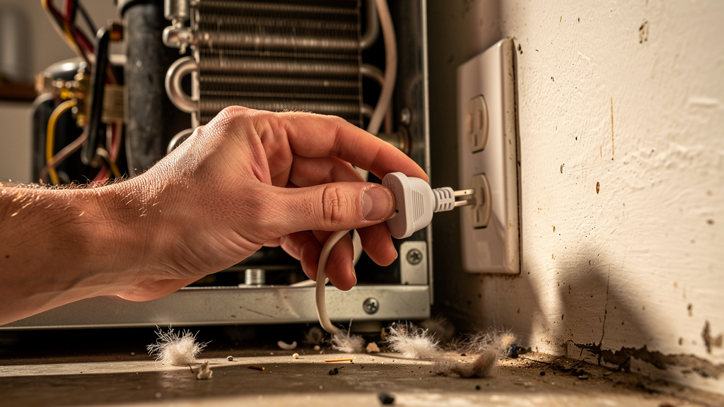 Hand verifying refrigerator power plug connection