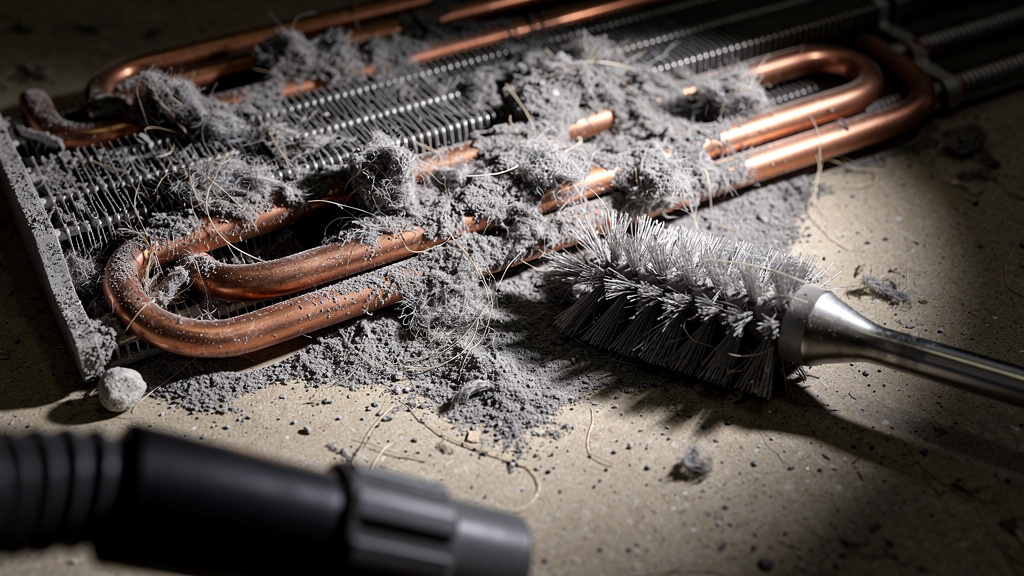 Dust-covered refrigerator condenser coils needing cleaning