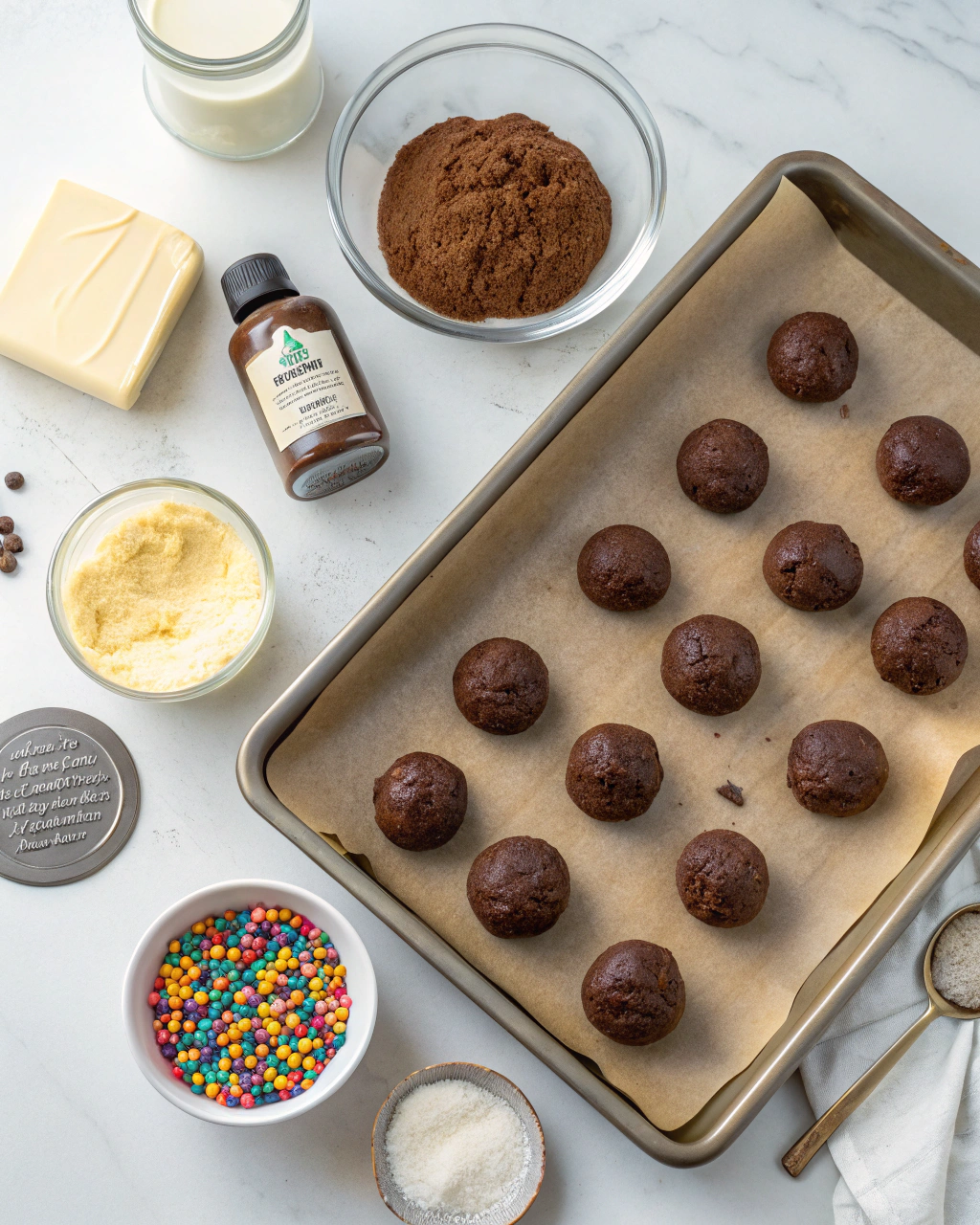chocolate frosted cookies ingredients arranged artistically on marble surface showing butter, cocoa powder, sugars, and colorful sprinkles