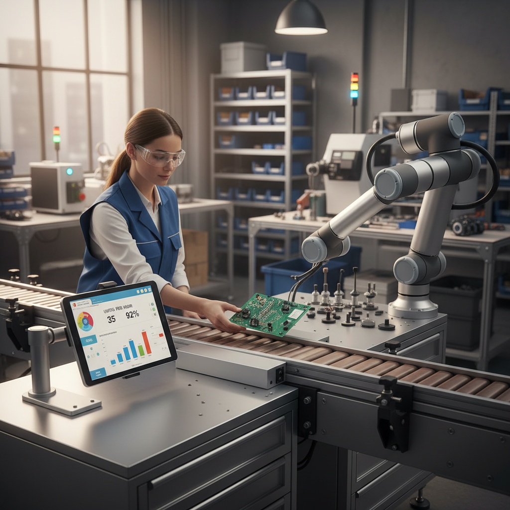 Photorealistic scene inside a small modern factory: a compact collaborative robot arm (6‑axis cobot with rounded joints and soft padding) works side‑by‑side with a human operator wearing safety glasses and a high‑visibility vest at a modular assembly station. The cobot is handing a partially assembled circuit board to the worker over a stainless steel conveyor; nearby a touchscreen tablet mounted on a stand displays real‑time production analytics and a simple visual dashboard. Background shows compact shelving, LED status lights on machines, and flexible end‑effectors and sensors on a workbench. Warm, natural industrial lighting, shallow depth of field with the cobot and worker in sharp focus, high resolution, realistic materials and textures, conveys a sense of efficiency, collaboration, and accessible automation for small manufacturers.