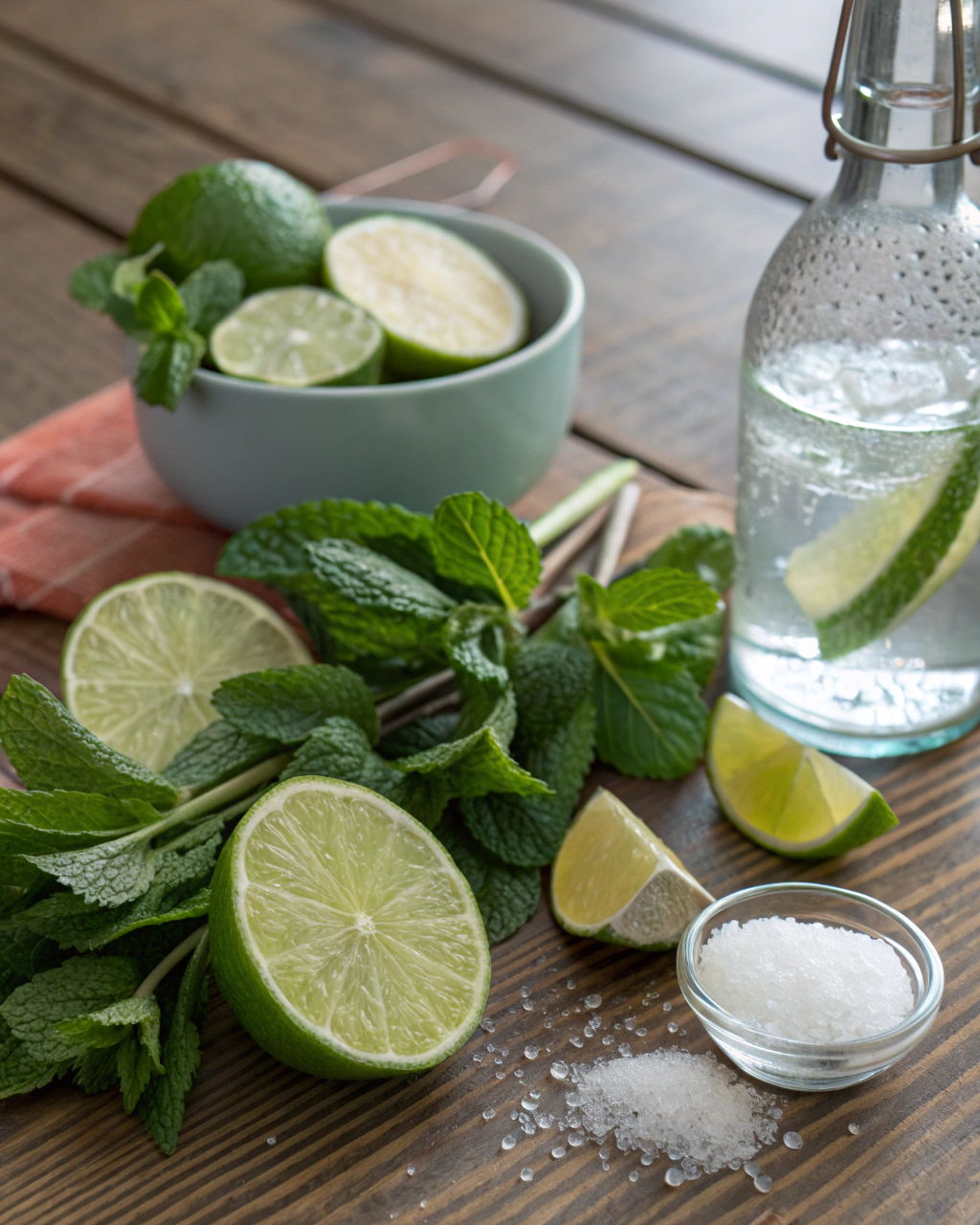 Easy Virgin Mojito Mocktail ingredients laid out on clean white counter