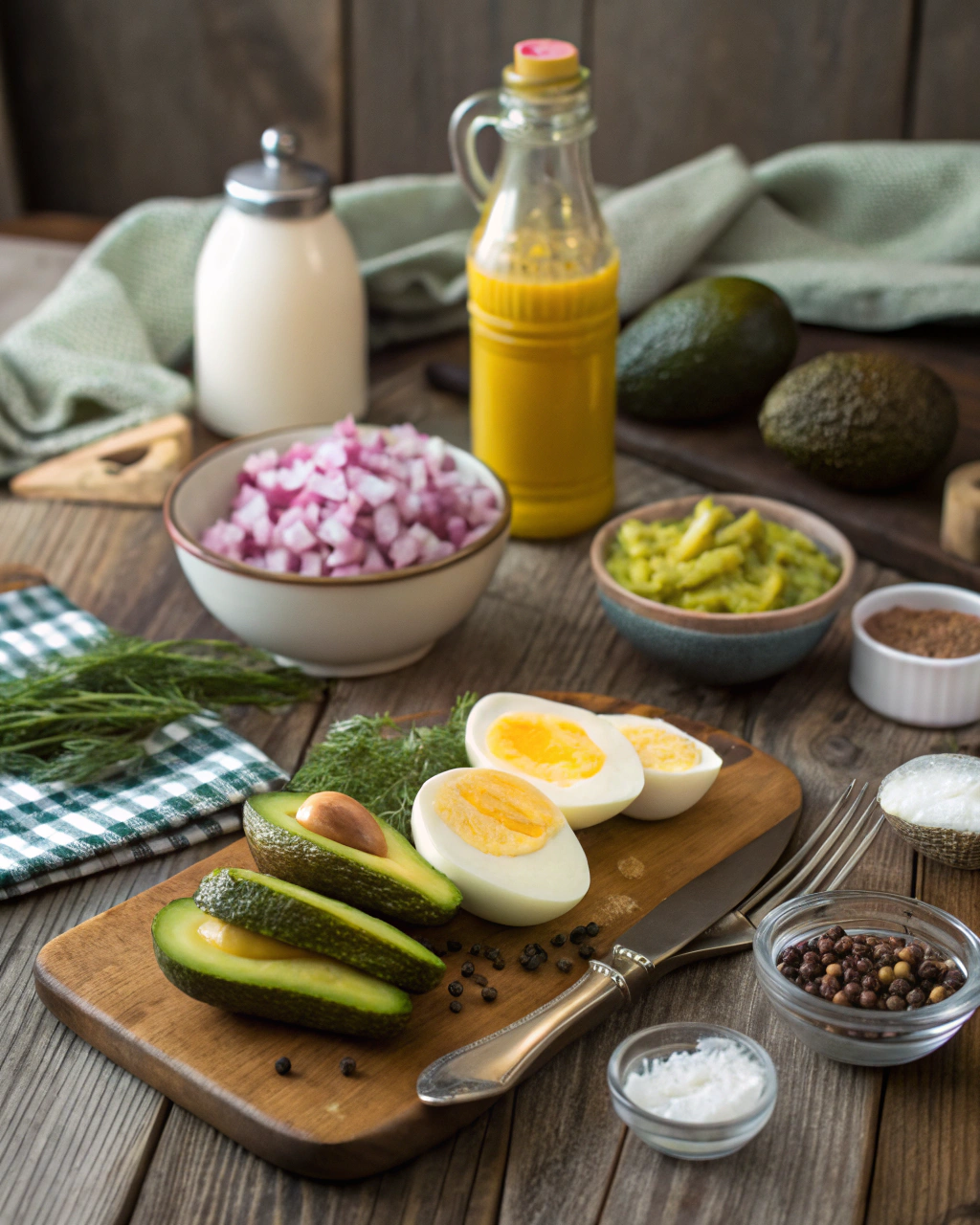 Fresh avocado egg salad ingredients arranged beautifully on white marble surface