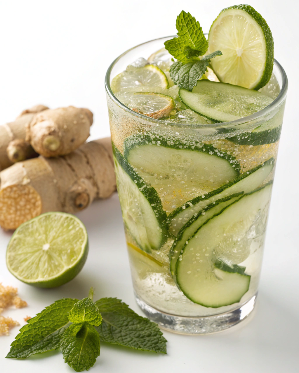 Ginger Mojito Mocktail Nonalcoholic ingredients laid out on clean white counter