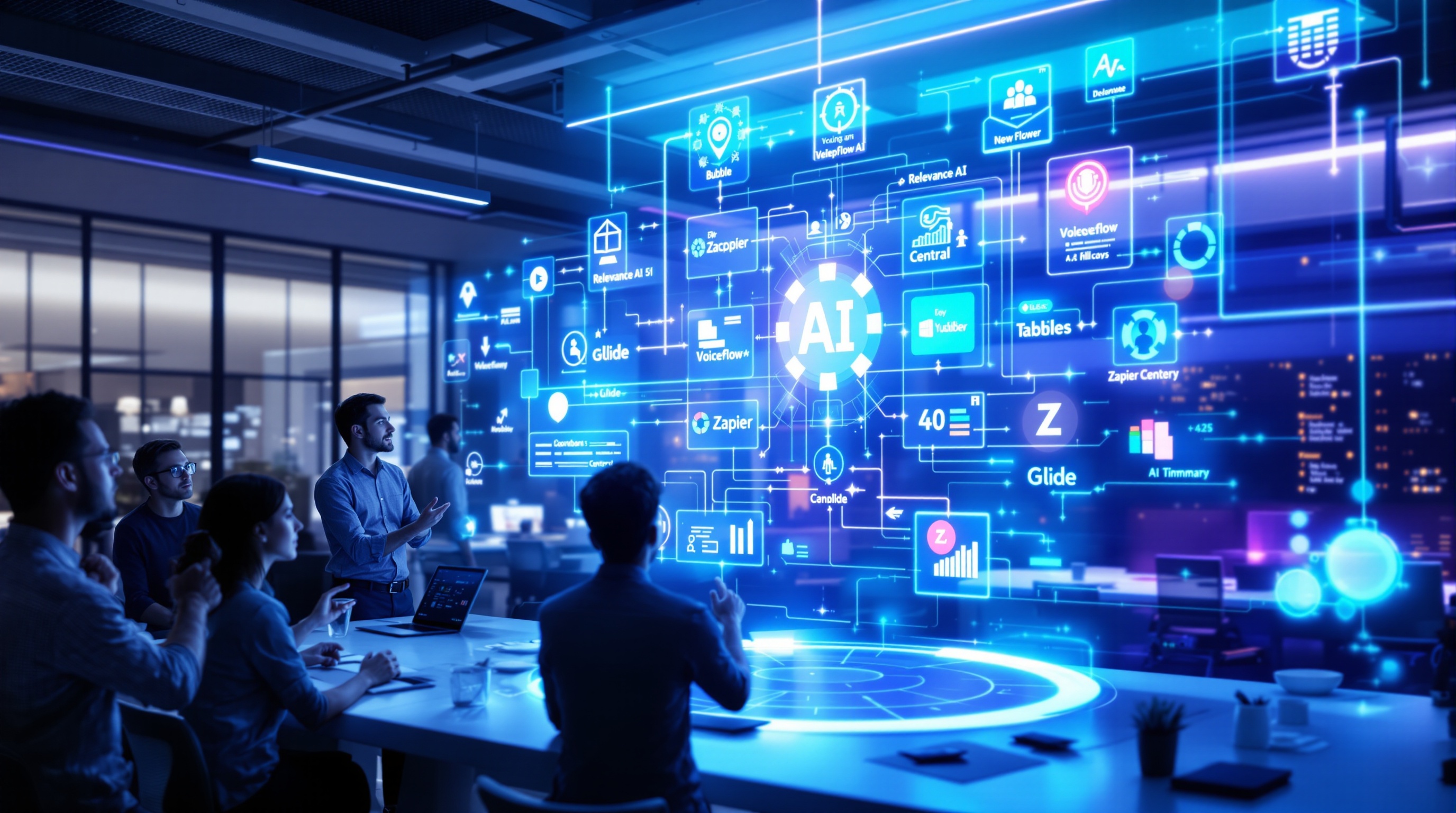 Futuristic workspace showing creators collaborating around holographic AI app builder interfaces