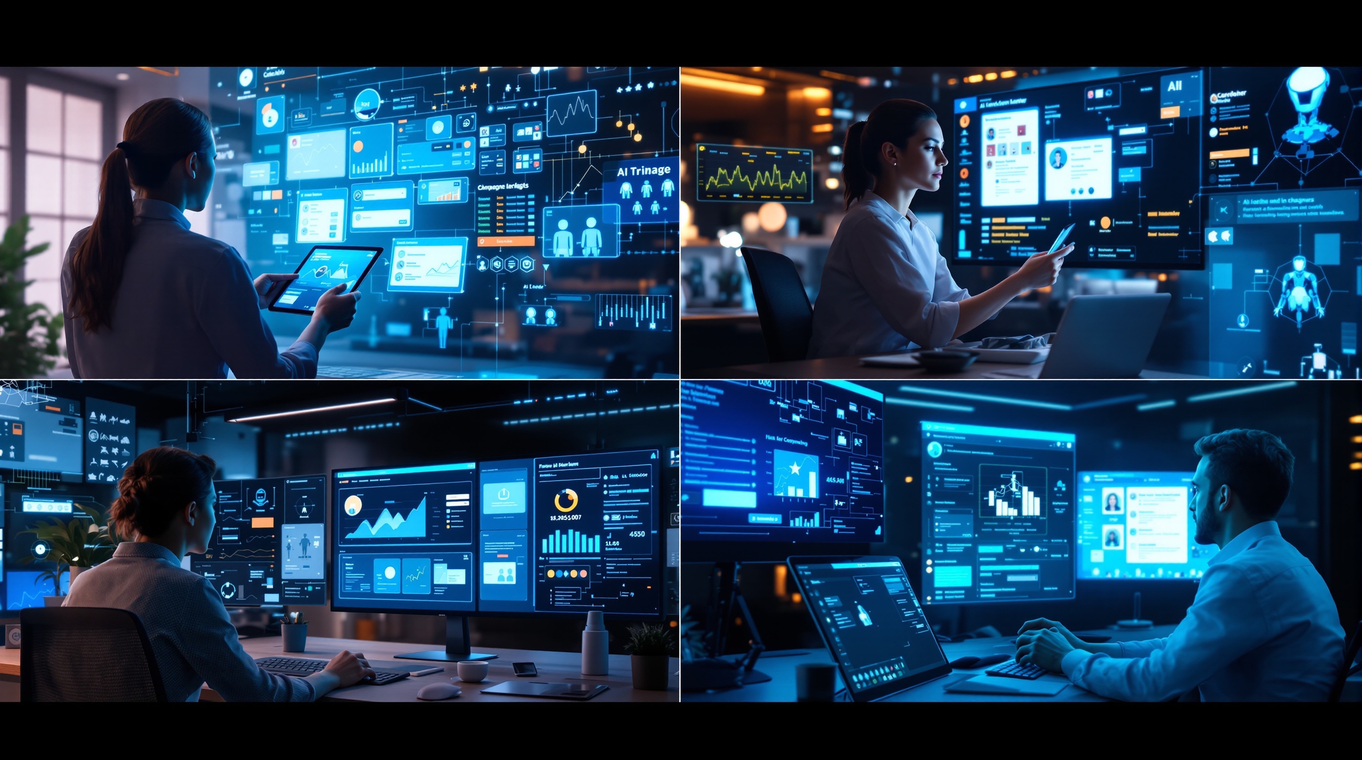 Collage of entrepreneurs and professionals using AI app builders for marketing, support, and design in a futuristic workspace