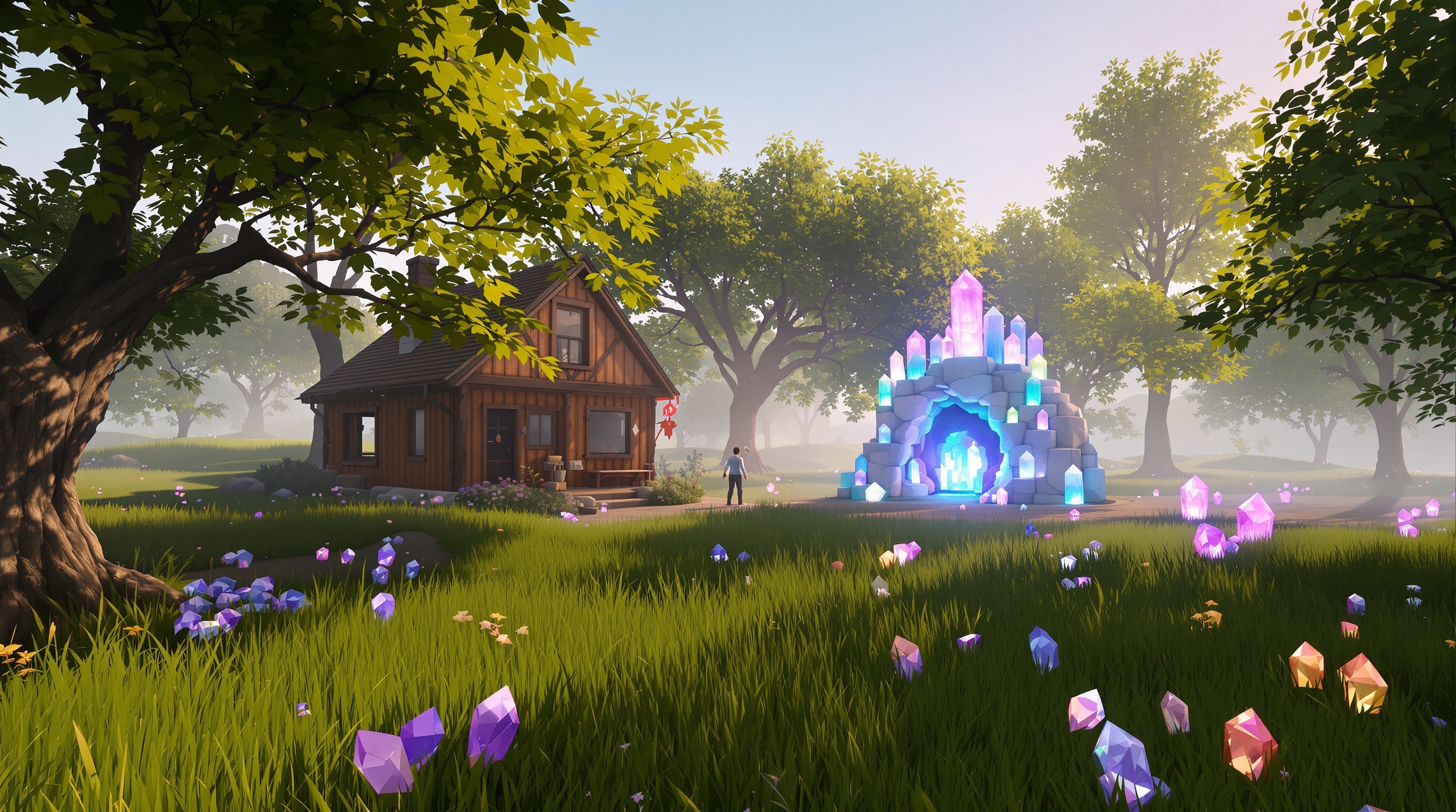 Jugador construyendo estructuras de cristal en House in a Meadow VR, ejemplo de su mecánica de supervivencia y construcción.