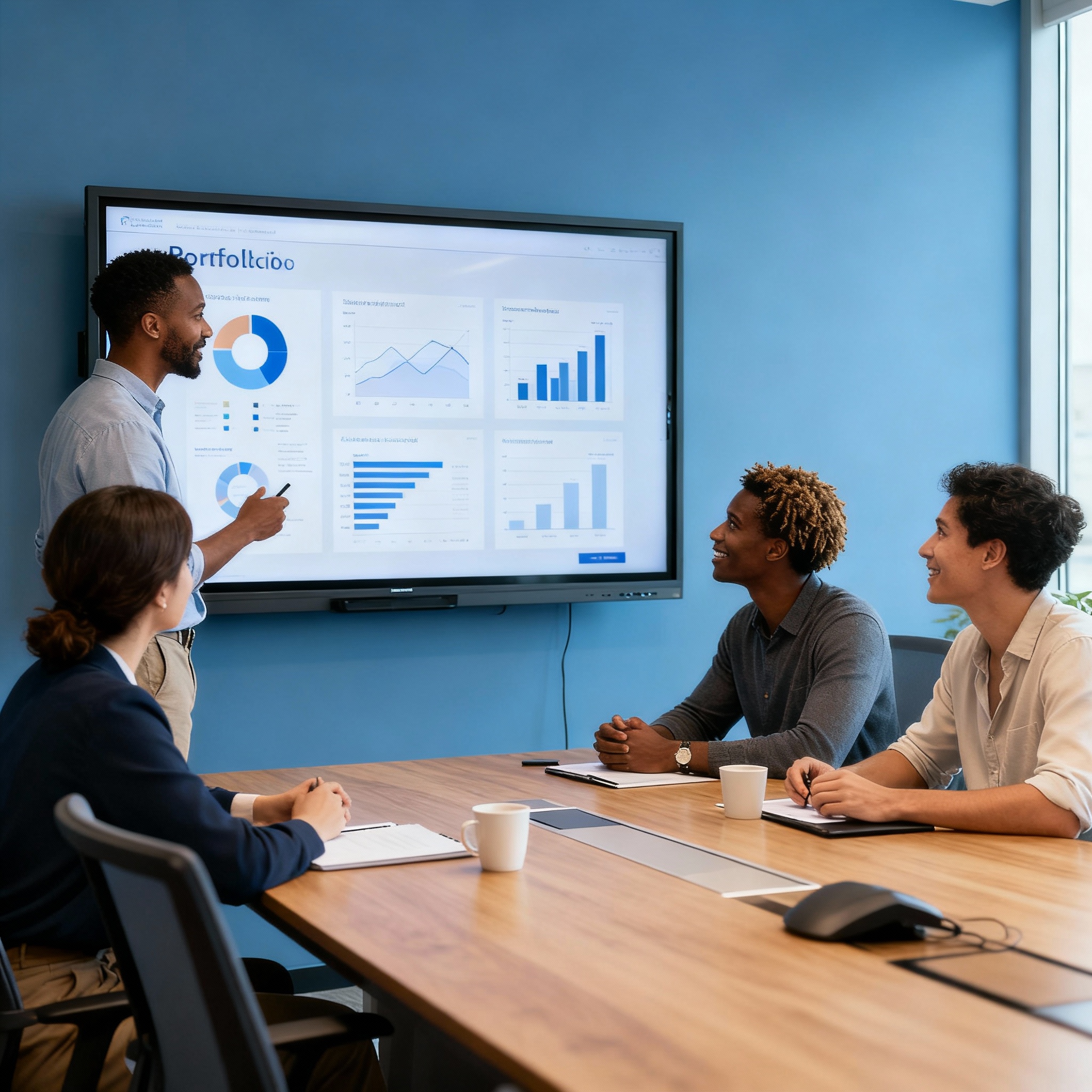 Professional, friendly photo of a small team in a conference room reviewing portfolio charts on a large screen, candid pro...