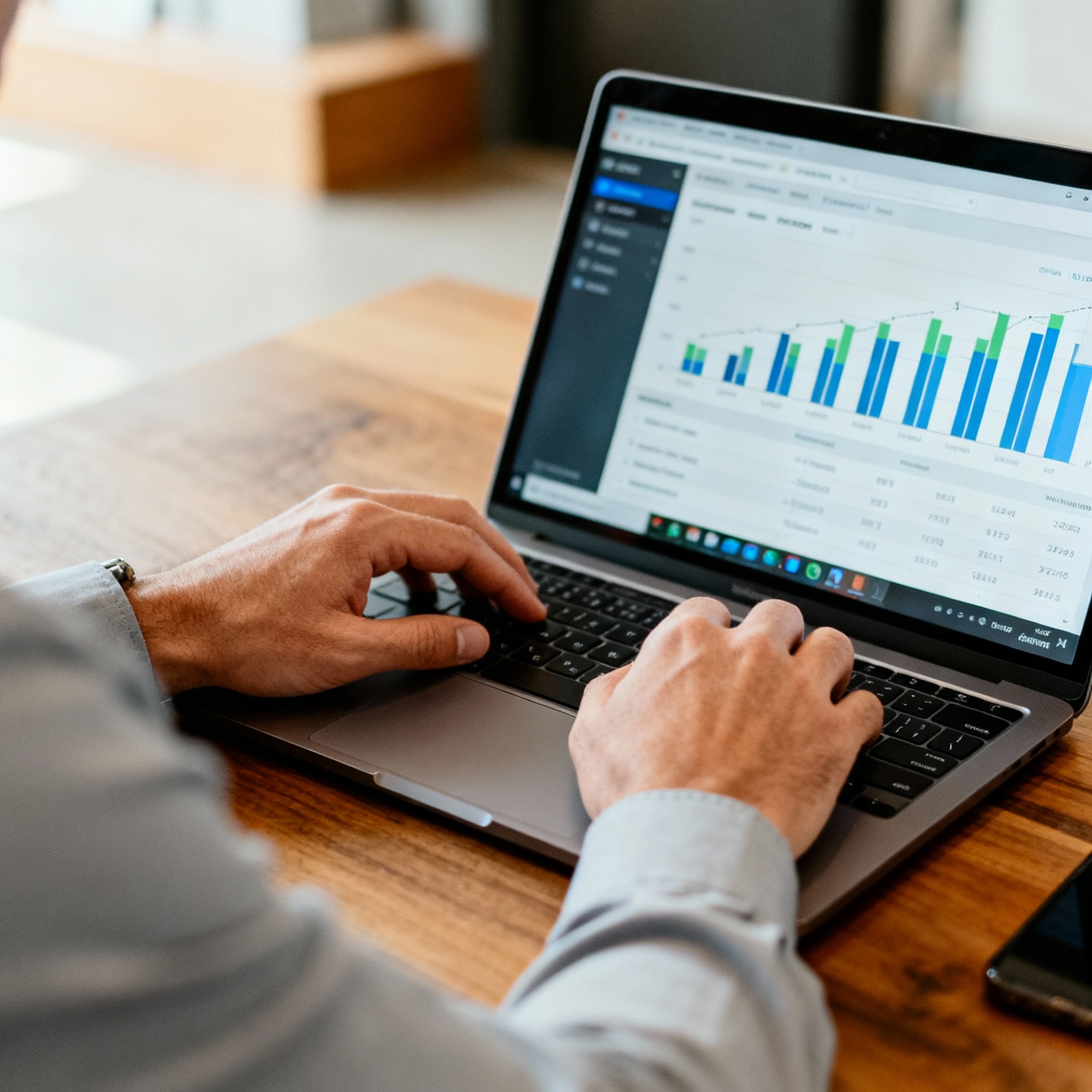 Close-up, real-world photo of a property manager reviewing a financial report on a laptop, warm professional lighting, can...