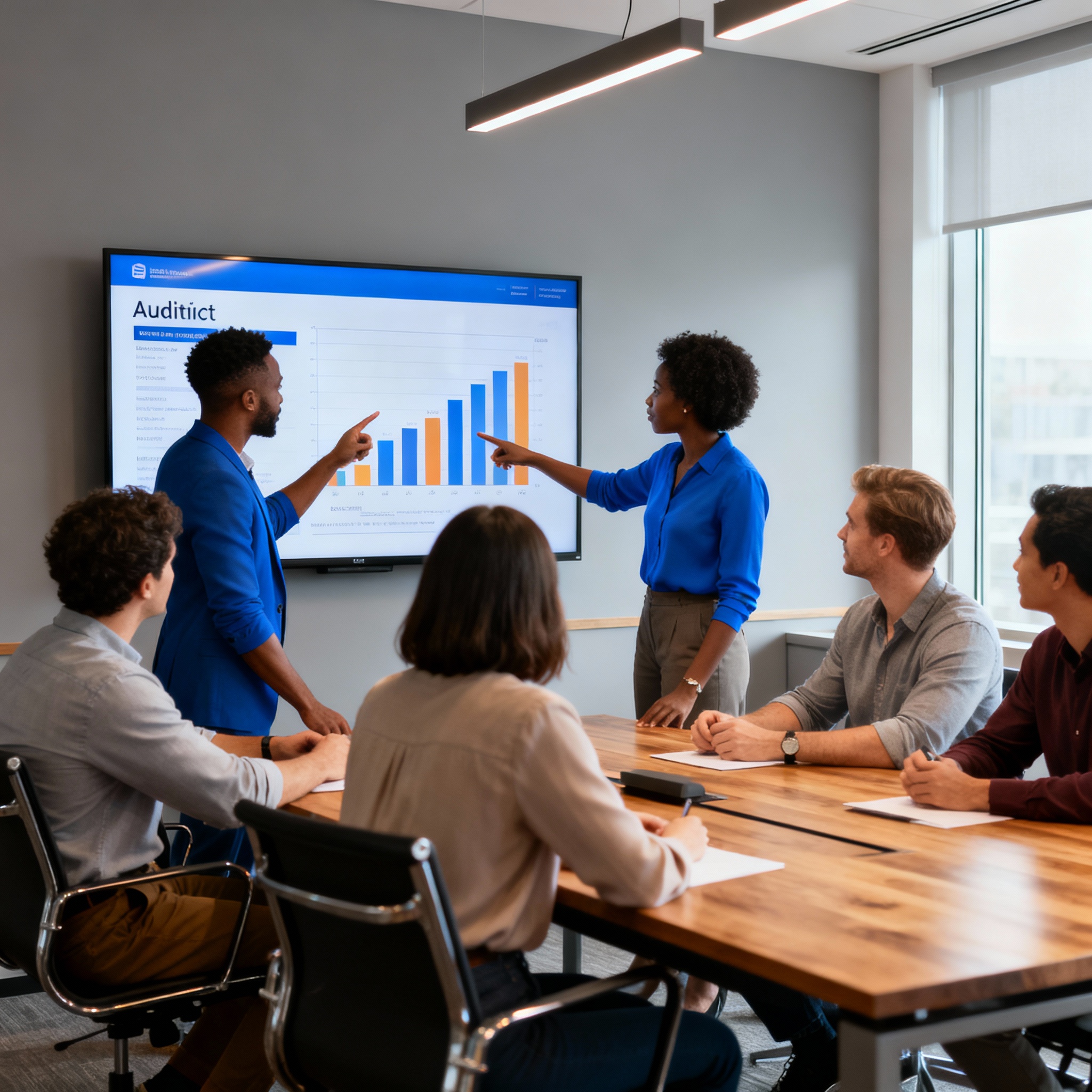 Photorealistic scene of a small team in a bright meeting room reviewing an audit report on screen, collaborative and focus...