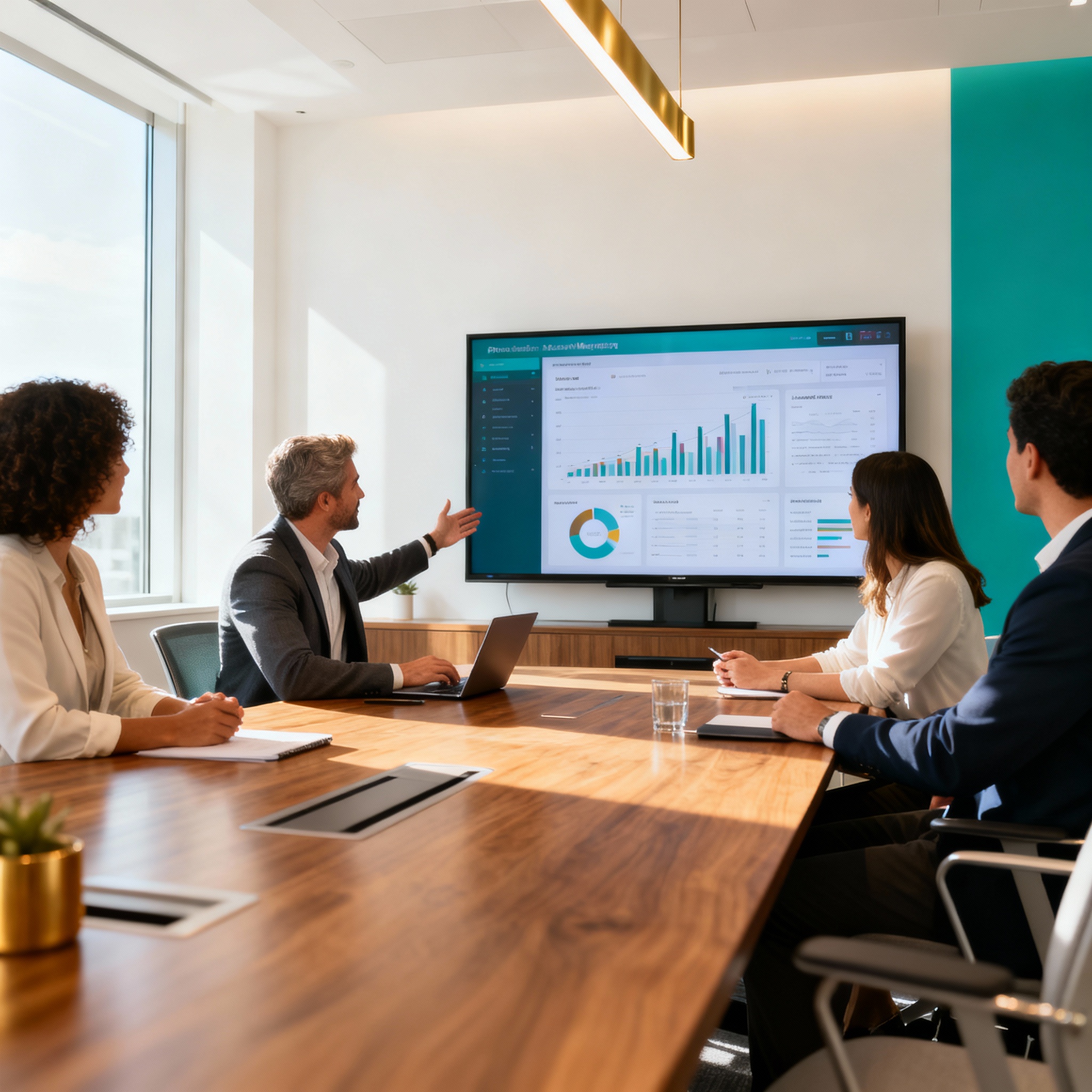 Photorealistic scene of a small team in a bright conference room reviewing a polished marketing dashboard on a large scree...