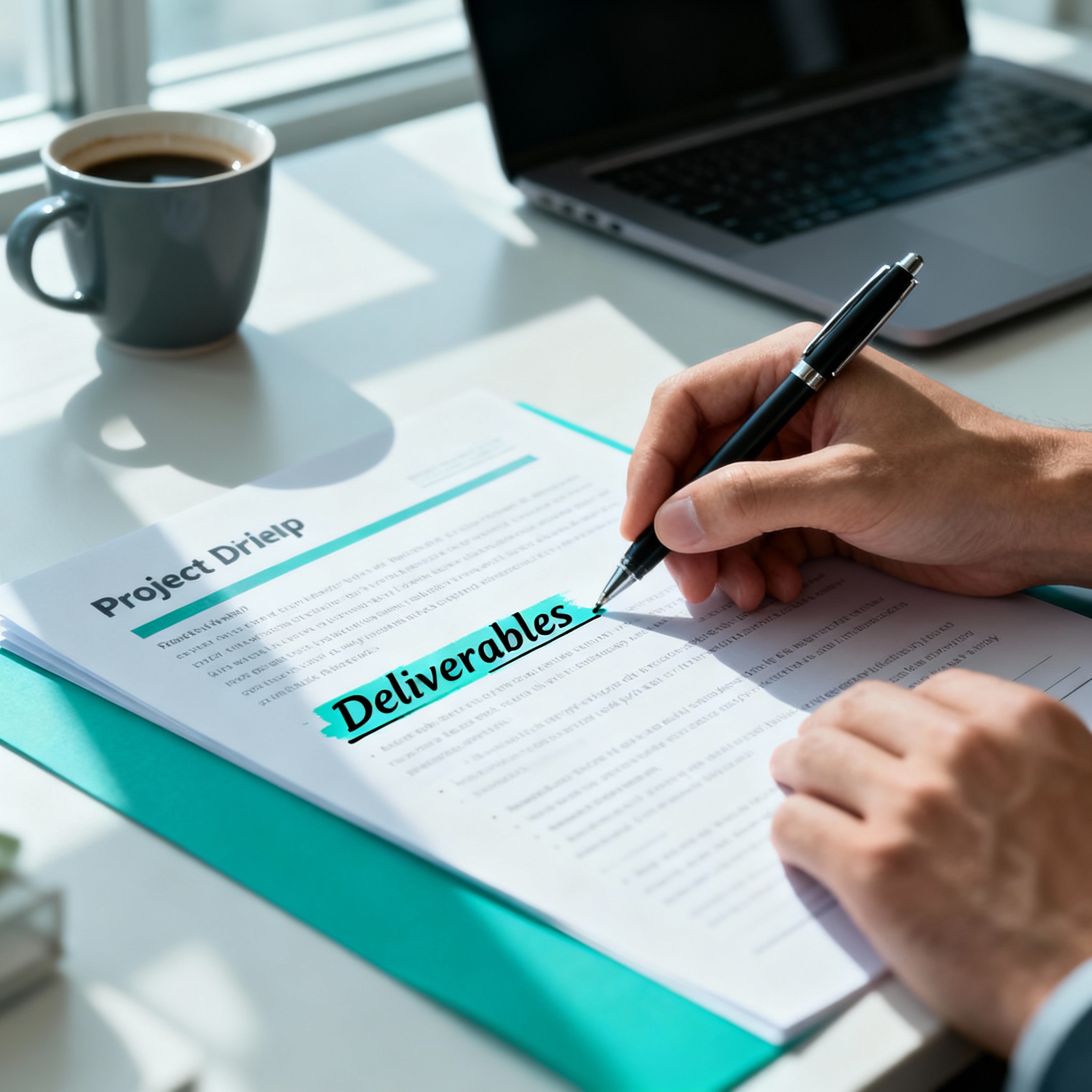 A photorealistic, close-up shot of a project brief being annotated. Visual style photorealistic, professional and focused ...