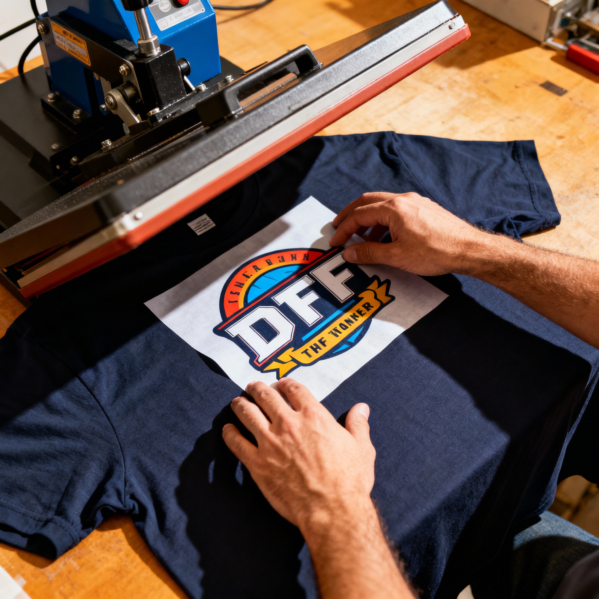 Photorealistic overhead shot of a heat press closing onto a printed DTF transfer on a t-shirt, emphasis on hands and preci...