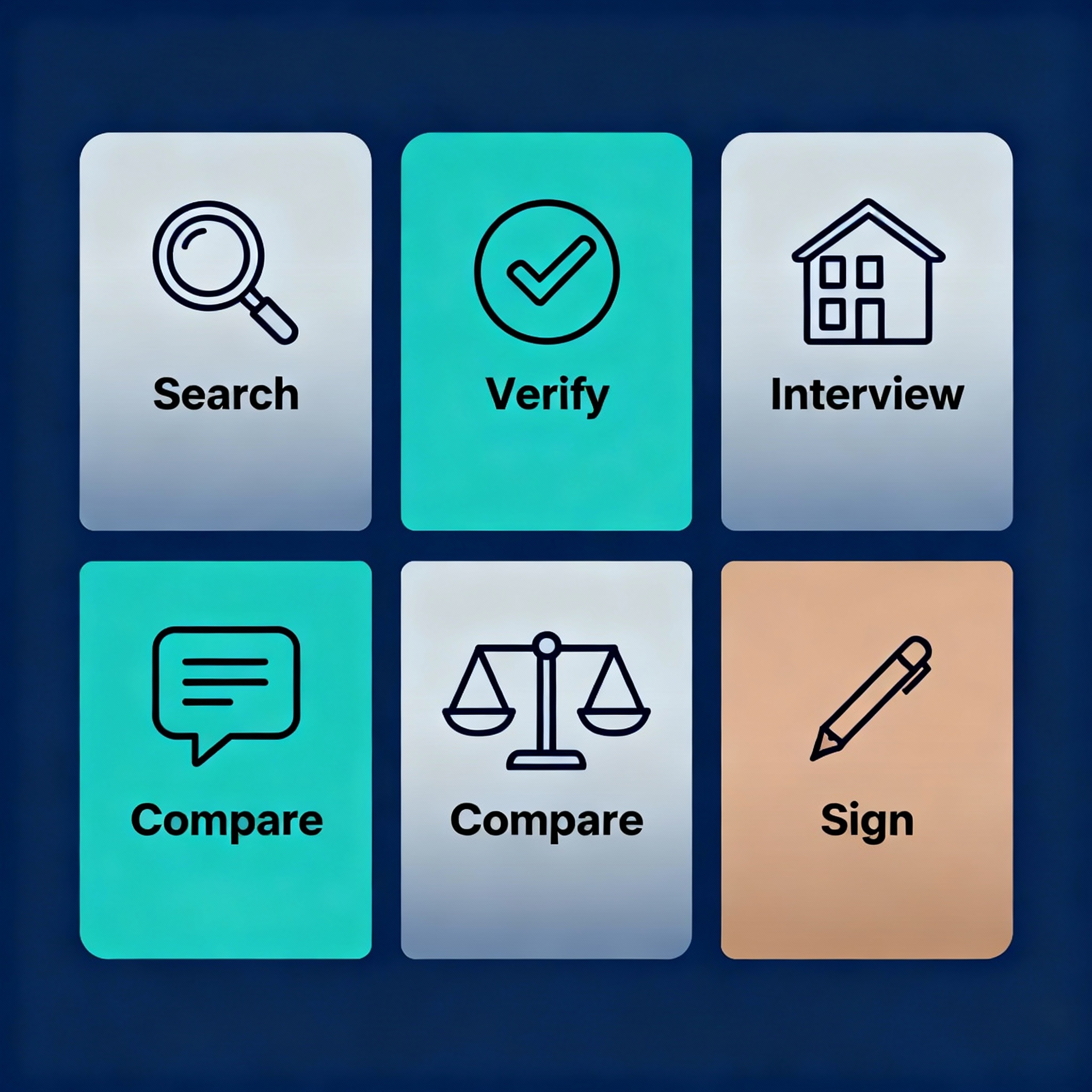 Modern infographic-style illustration showing a 5-step selection process for property managers, minimalist diagram style, ...