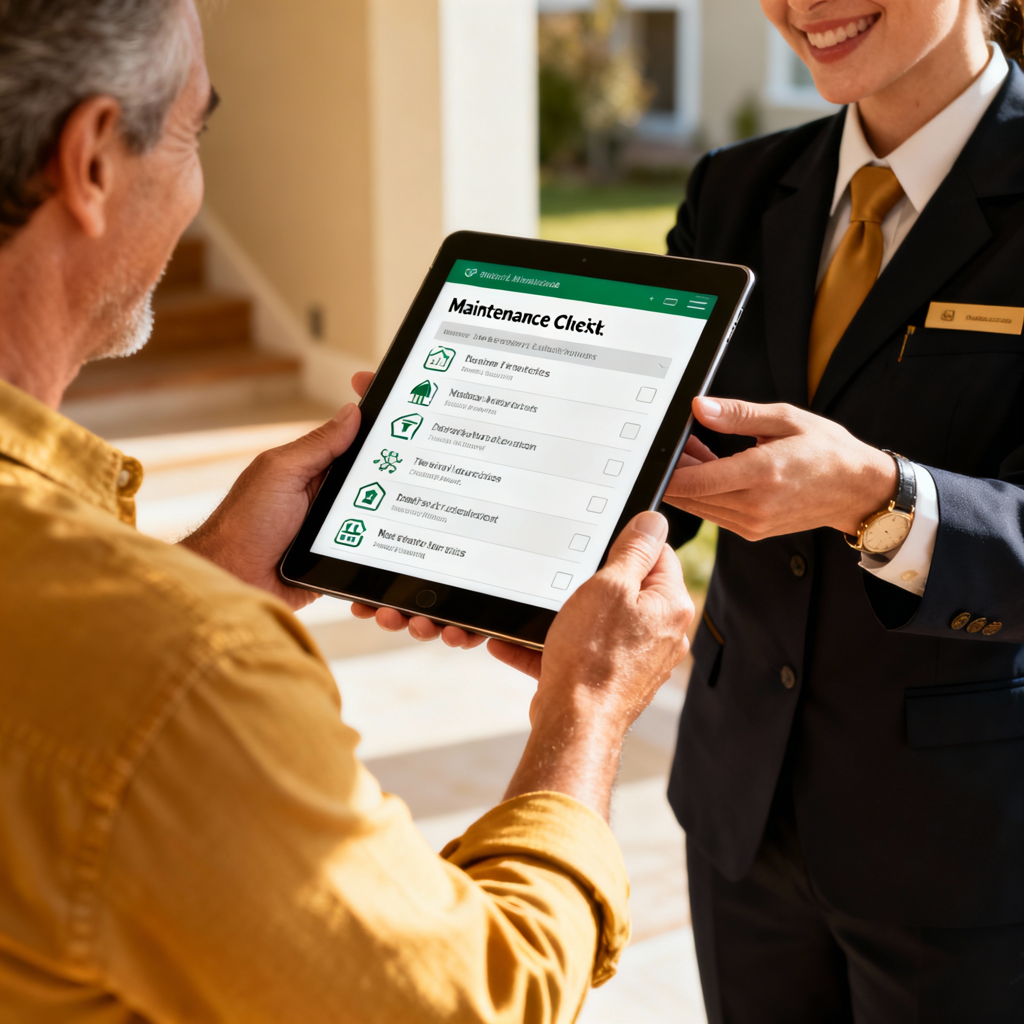 Photorealistic photo of a property manager handing a tablet to a homeowner during a walkthrough, friendly professional ton...