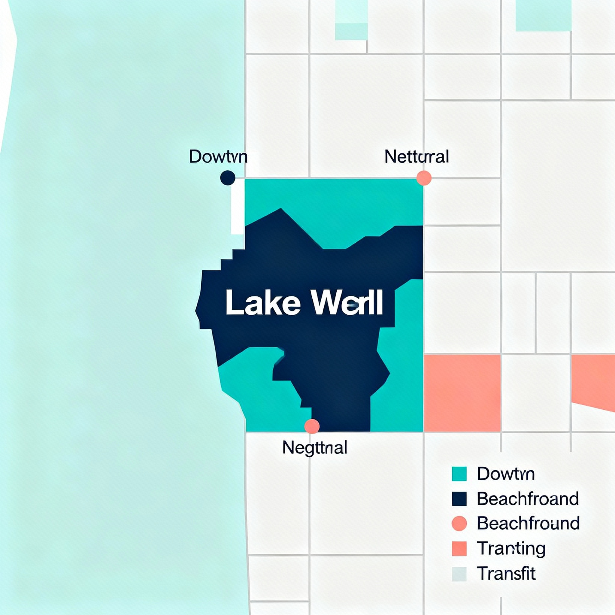 Modern infographic-style map highlighting Lake Worth neighborhoods, labeled points for downtown, beachfront, and nearby tr...