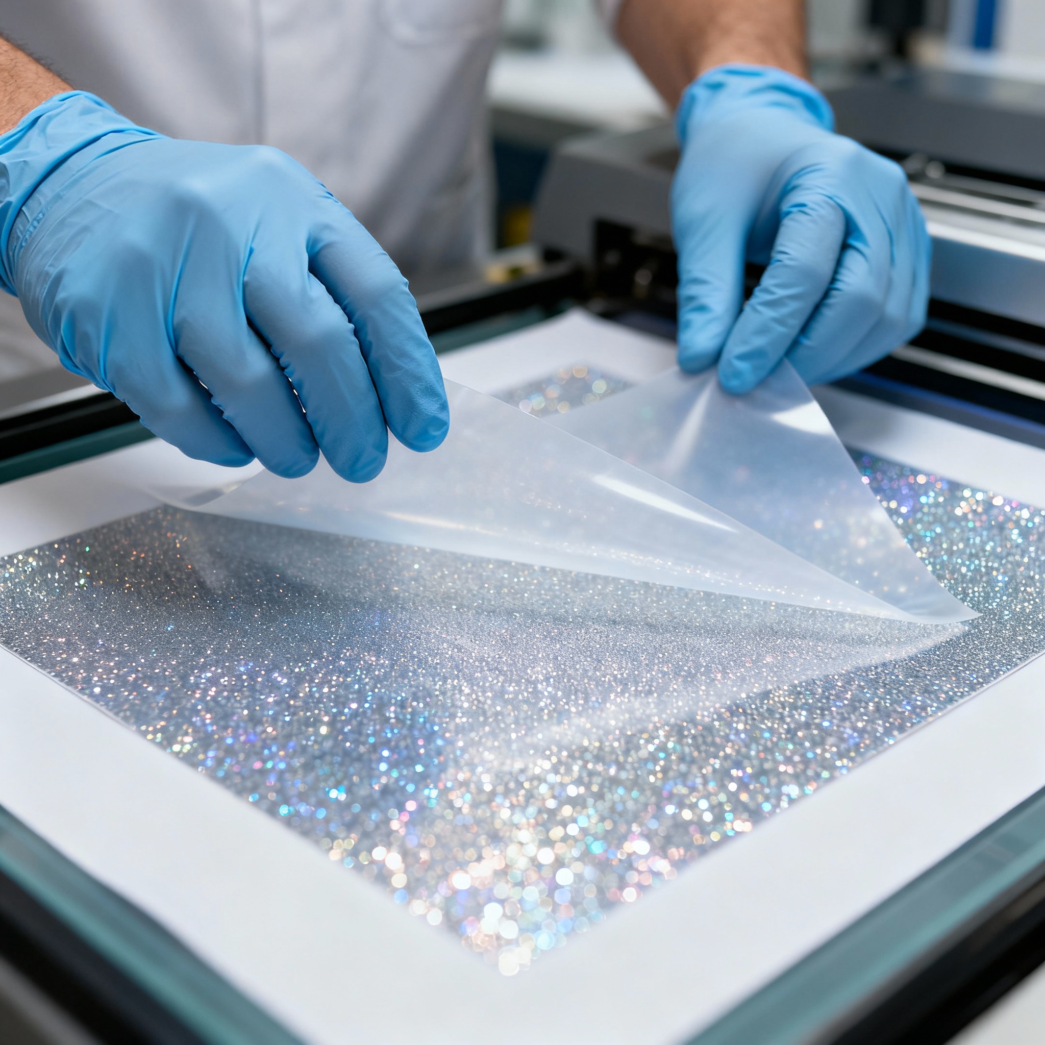 Close-up shot of a technician using a teflon sheet over a glitter DTF print before a second press. Photorealistic, shallow...
