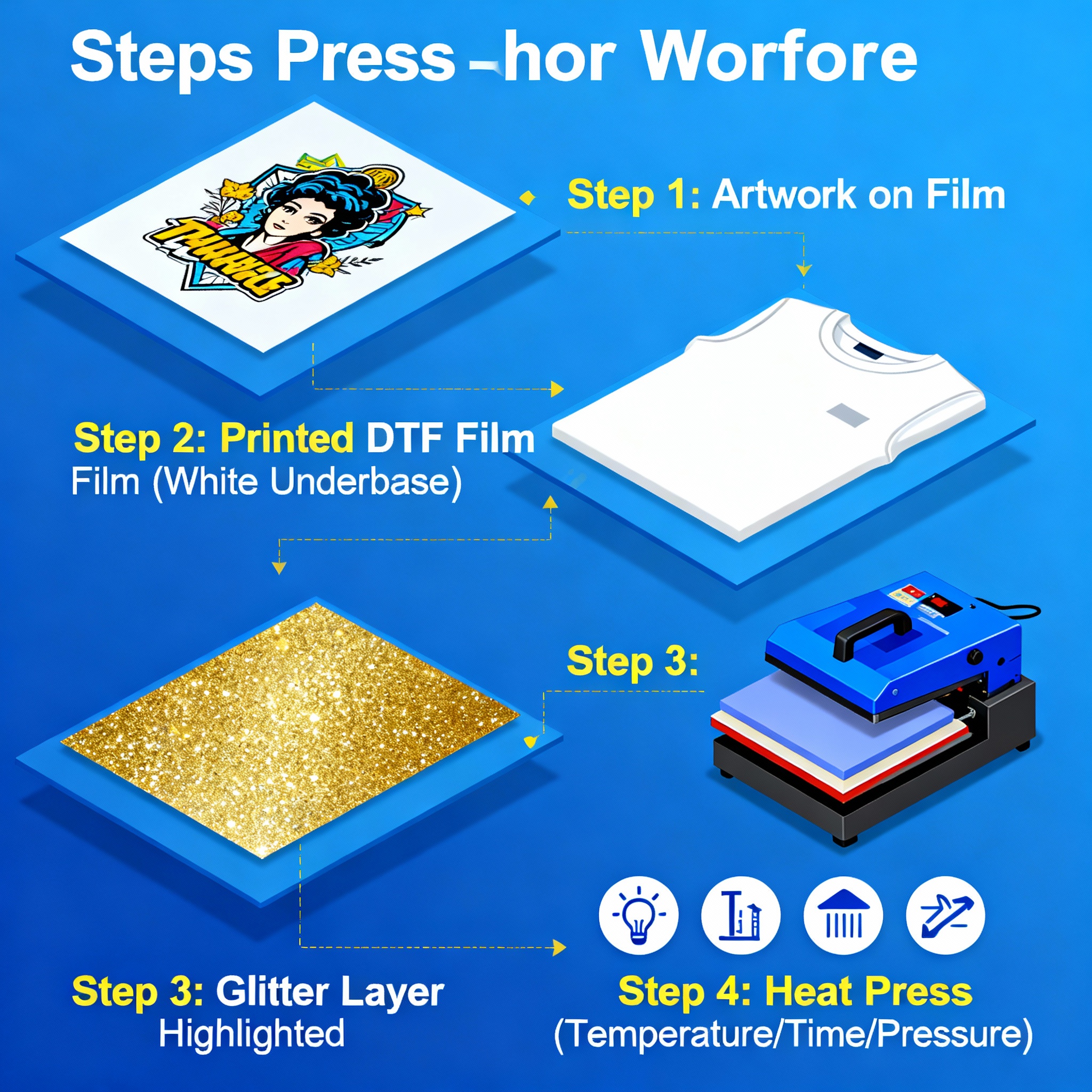 Isometric infographic-style illustration showing a step-by-step press workflow: artwork on film, printed DTF film with whi...