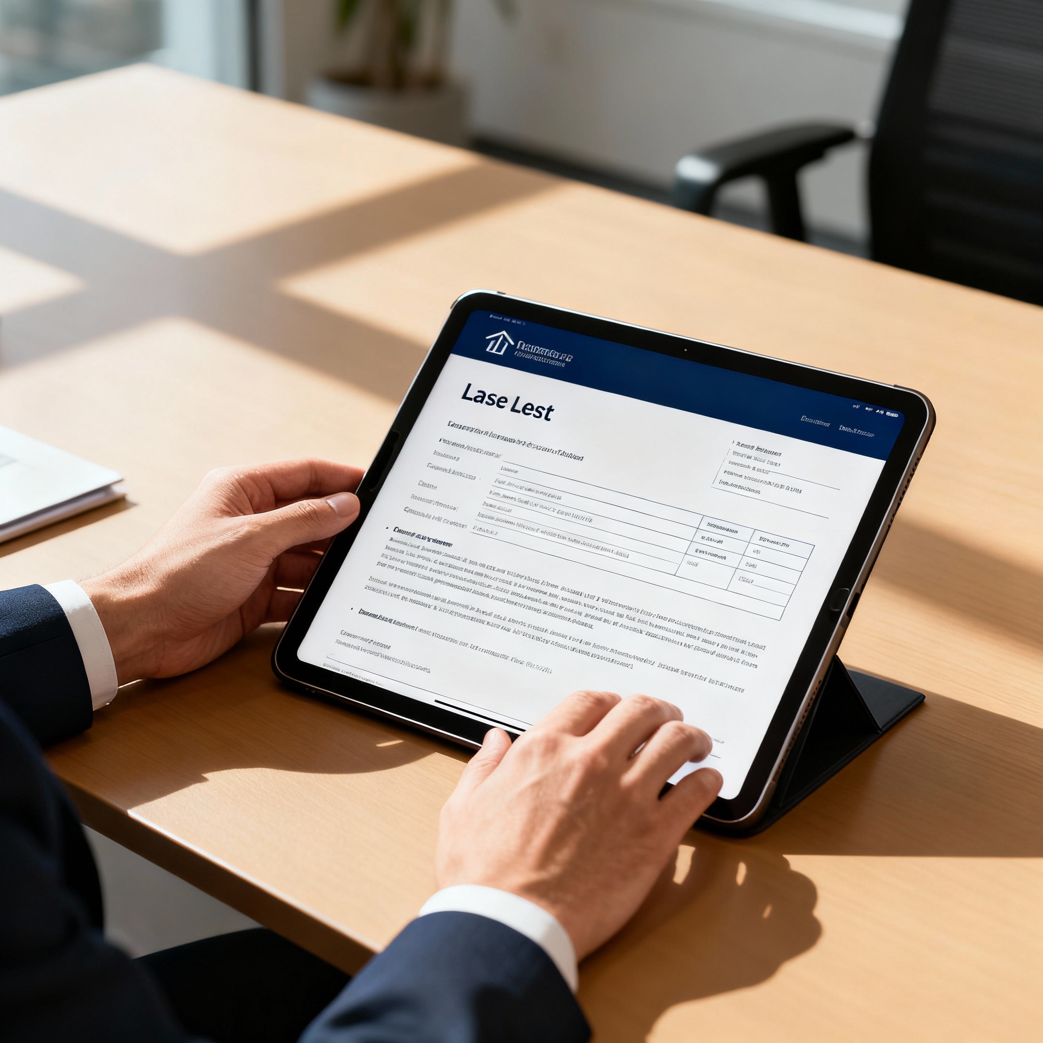 Photorealistic shot of a property manager reviewing a lease on a tablet in a modern office, warm professional mood, natura...