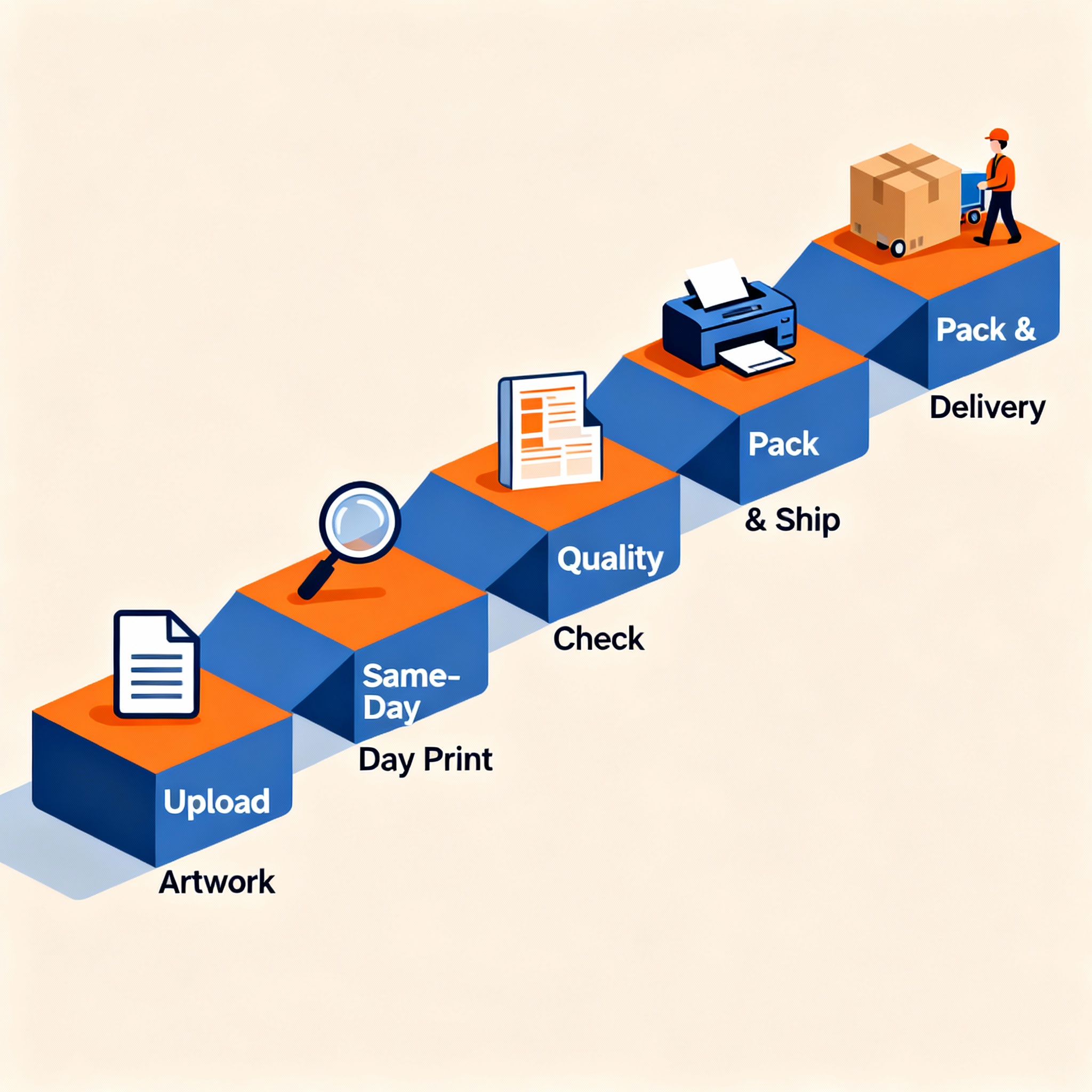 Isometric infographic showing steps: Upload Artwork, Same-Day Print, Quality Check, Pack & Ship, Delivery — minimalist fla...