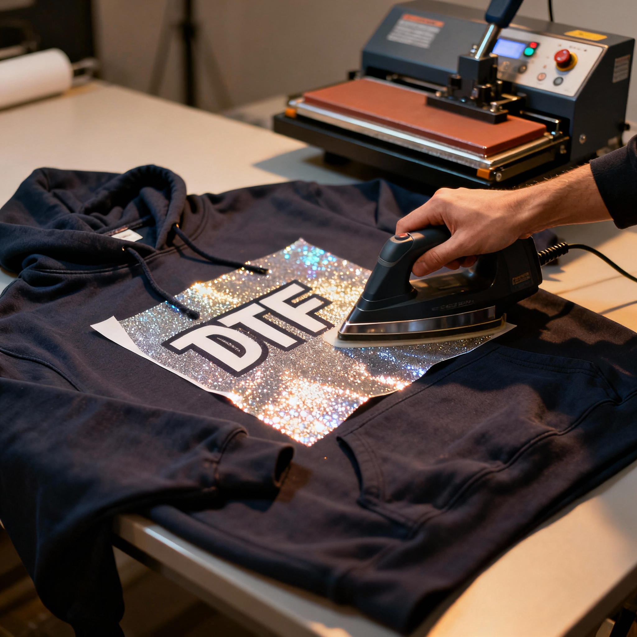 Photorealistic scene of a worker applying a glitter DTF transfer to a hoodie using a heat press, close-up on garment and t...