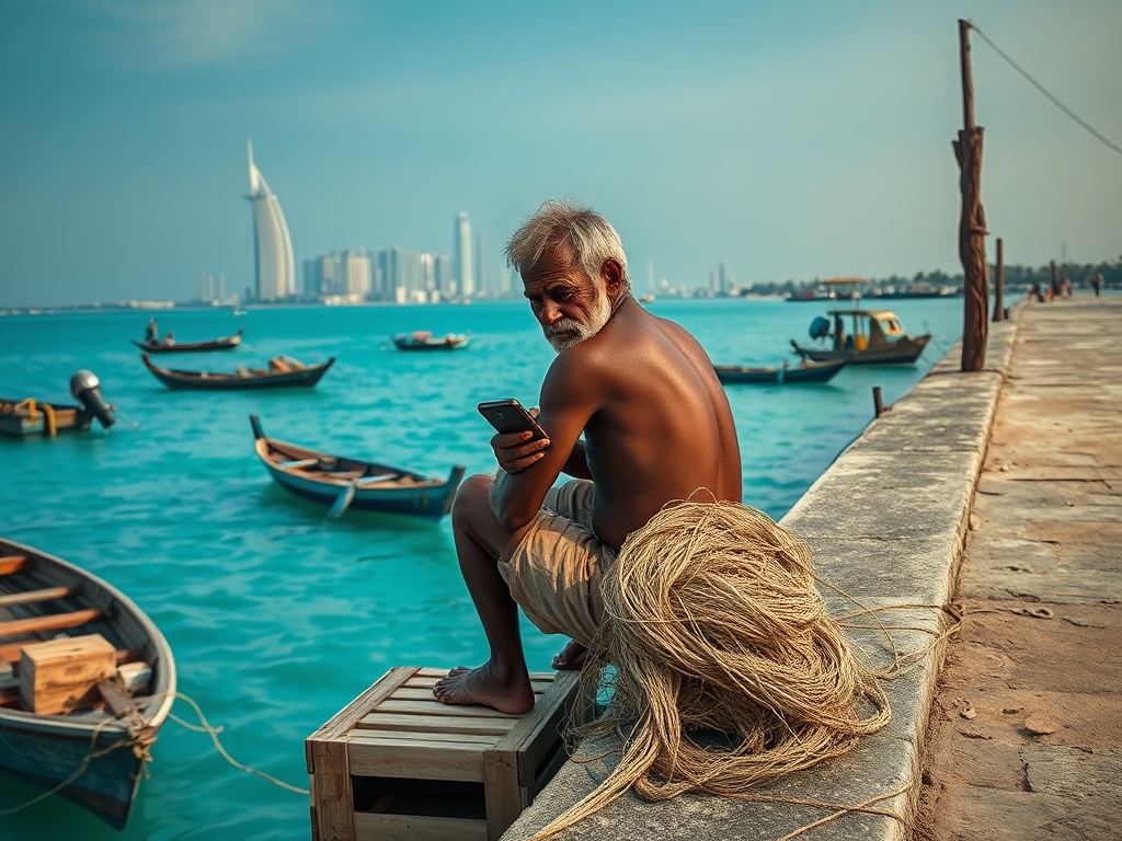 Fisherman's Net-Mending Hands Scroll Through Global Tensions