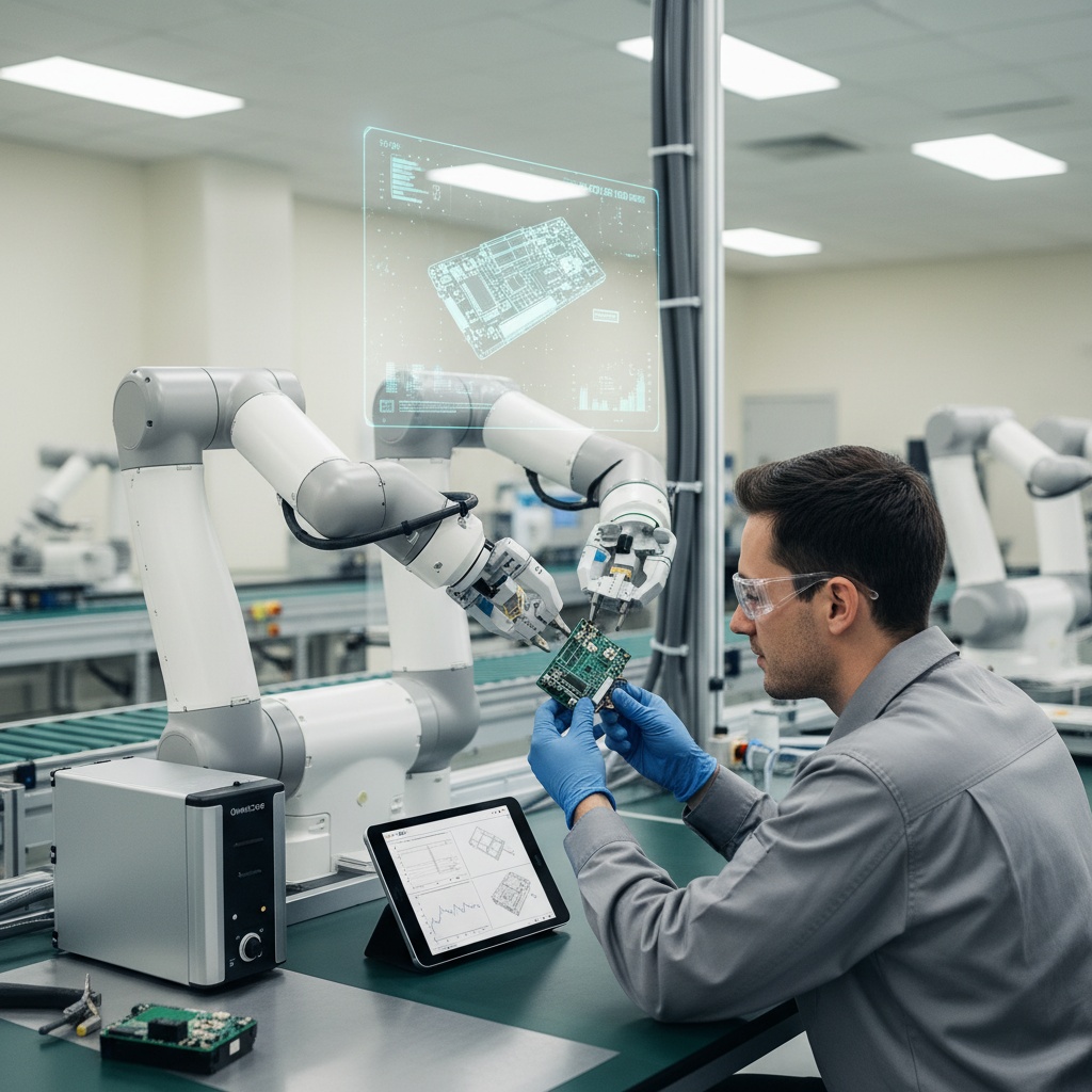 Photorealistic, wide (16:9) factory scene showing an ABB YUMI–style dual‑arm collaborative robot working side‑by‑side with a human technician at an assembly station. Foreground: the cobot’s two articulated arms gently hold a small electronic module while the technician in safety glasses and gloves adjusts a connector — both focused and calm. Include visible sensors on the cobot wrists and a small touchscreen tablet mounted on the workbench displaying real‑time force/readings and a simple CAD view. Midground: a compact OmniCore controller rack and cable trunking along the wall. Background: a conveyor belt and other industrial robots blurred slightly for depth. Add a semi‑transparent digital overlay above the cobot showing a simplified digital‑twin hologram of the part with live telemetry (numbers and small graphs), implying intelligent monitoring. Clean, modern factory lighting, cool neutral tones, high detail, shallow depth of field, 35mm perspective, realistic textures and reflections. No company logos visible.
