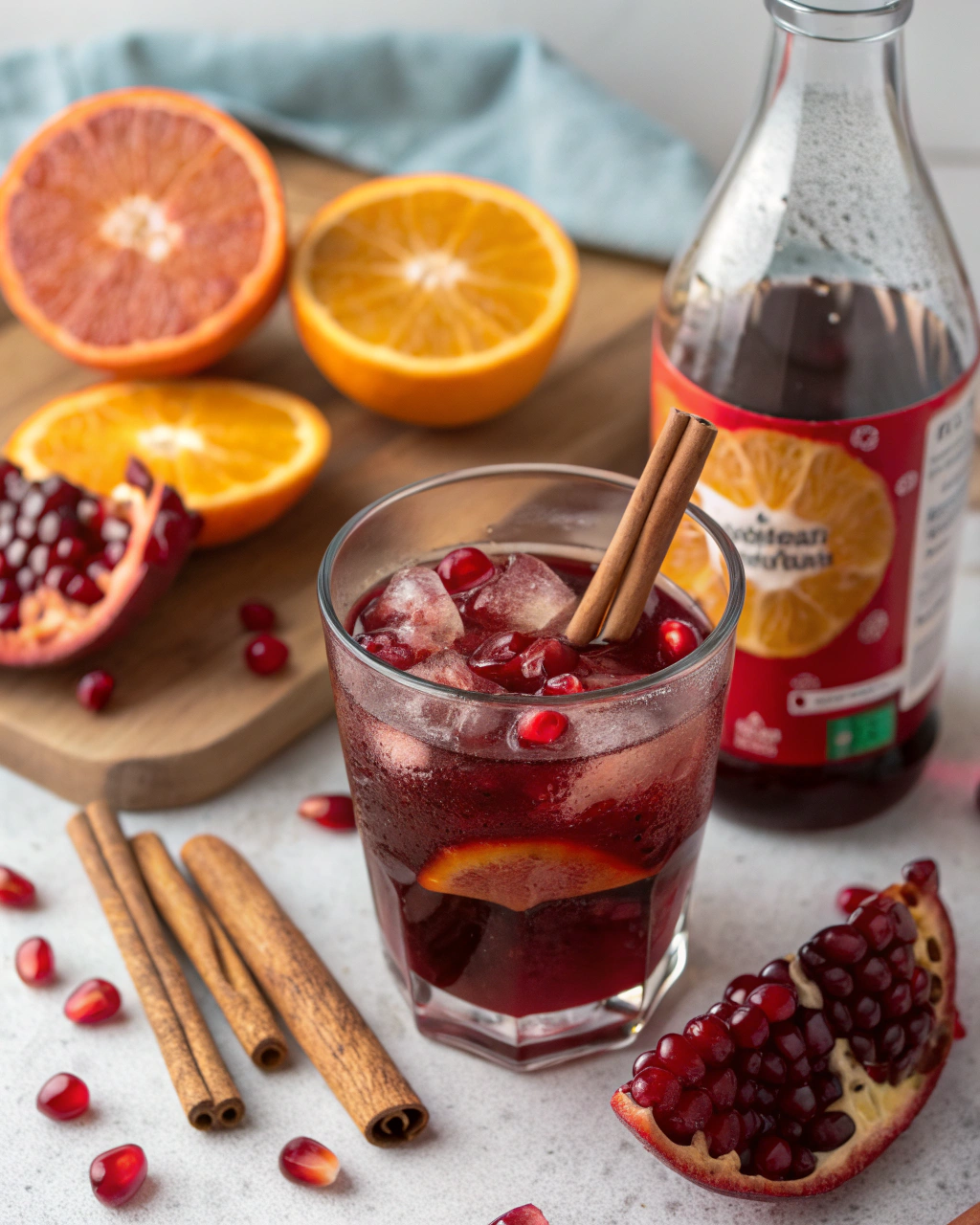 Pomegranate Cinnamon Mocktail ingredients laid out on clean white counter