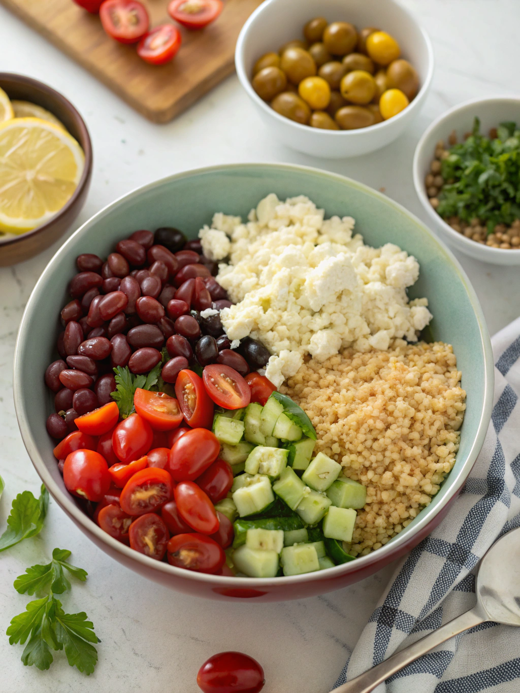 Making Mediterranean Bean Quinoa Salad