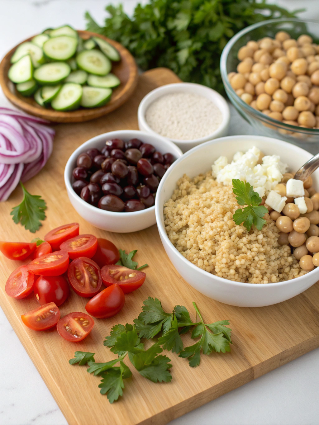 Ingredients for Mediterranean Bean Quinoa Salad