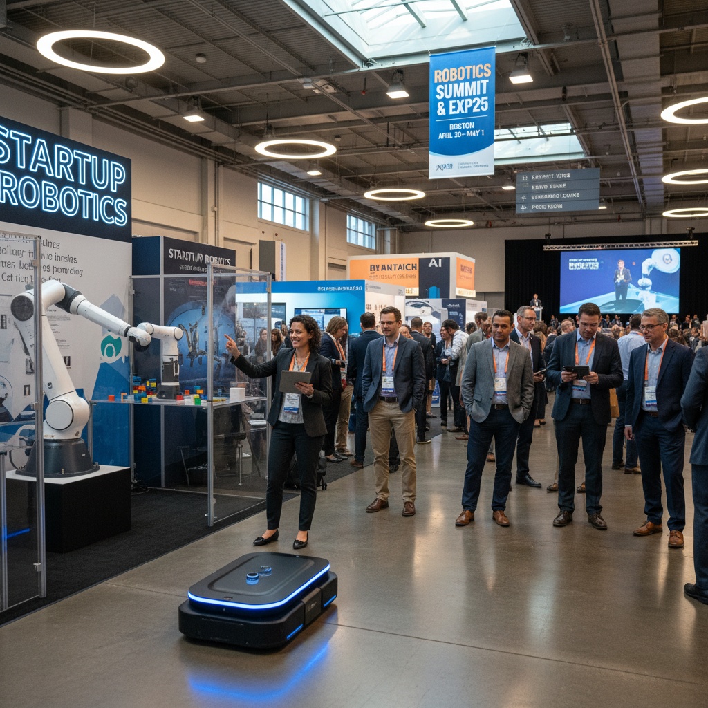 Photorealistic wide-angle shot of the bustling expo floor at the Robotics Summit & Expo 2025 inside the Thomas Michael Menino Convention & Exhibition Center in Boston. Foreground: a startup booth labeled "StartUp Robotics" with a compact autonomous mobile robot gliding beside a demonstrator holding a tablet and a small collaborative robot arm performing a pick-and-place demo behind a clear safety panel. Midground: diverse attendees (engineers, executives, investors) in business-casual attire wearing conference badges, chatting, taking notes, and filming demos on phones. Background: larger booths with branded banners, a visible banner reading "Robotics Summit & Expo 2025 — Boston — April 30–May 1," a keynote stage silhouette with presenter on screen, and hanging directional signs. Bright overhead industrial lighting with skylight daylight, polished concrete floor, dynamic composition, shallow depth of field, warm professional color palette, high resolution, cinematic 35mm perspective.