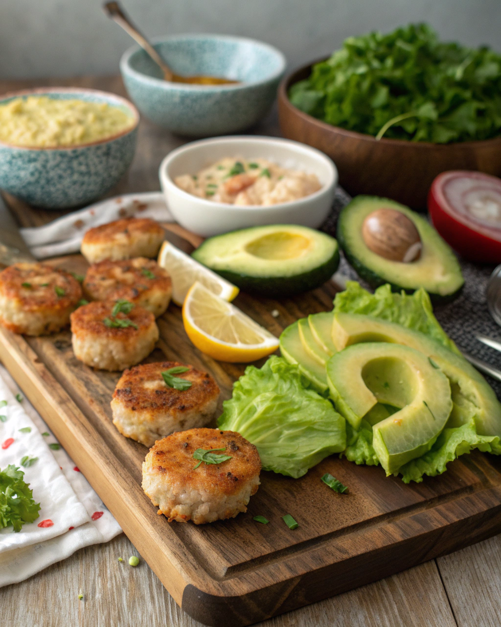 Fresh shrimp burgers with avocado tartar sauce ingredients arranged artistically on marble countertop