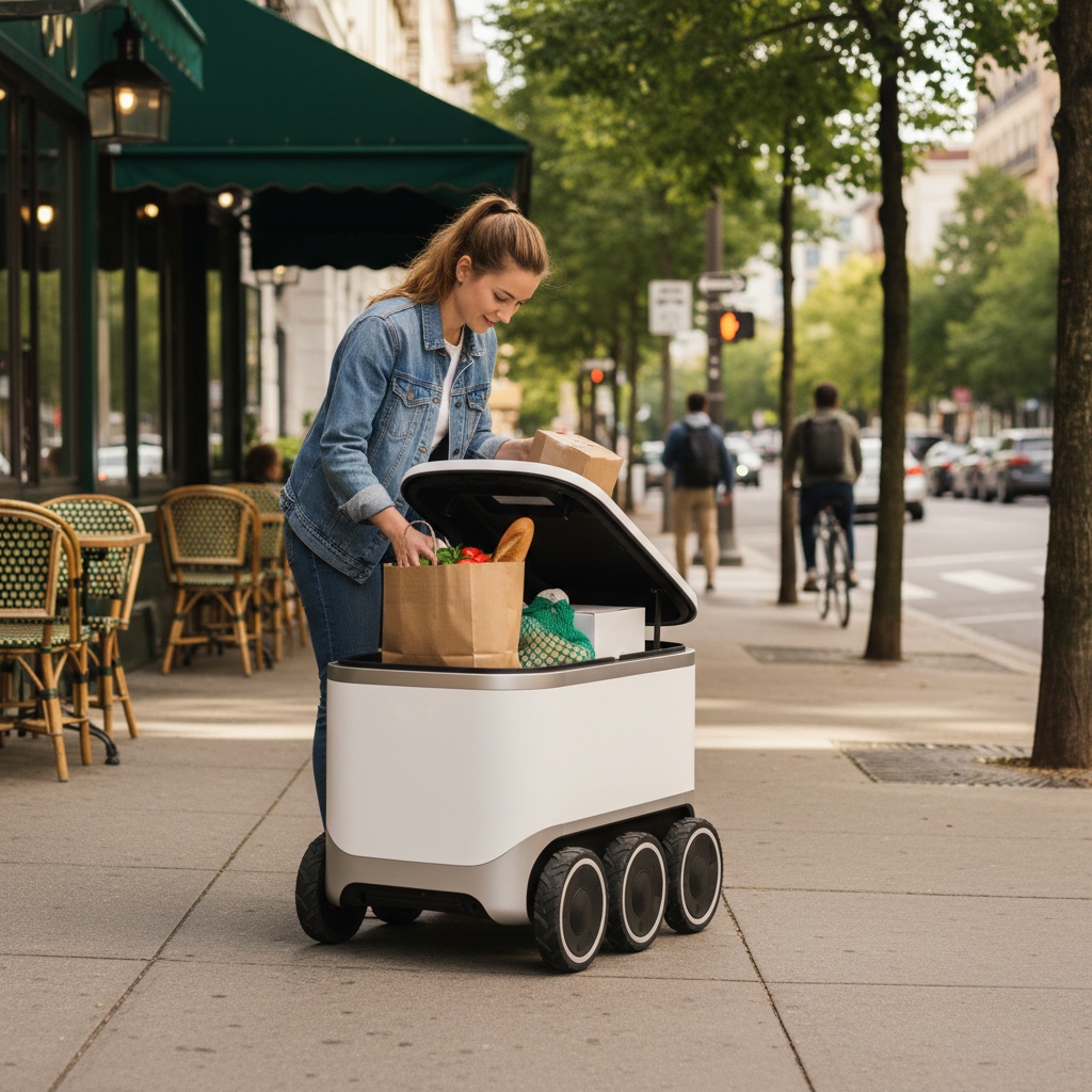 Photorealistic, street-level scene of a compact sidewalk delivery robot in action: a small, six-wheeled white delivery bot (about 60 cm tall, 70 cm long) is stopped on a tree-lined city sidewalk in front of a café. A casually dressed young woman bends to open the robot’s front cargo hatch and lifts a paper grocery bag and a small parcel from inside (visible contents: bread, a reusable produce bag, and a sealed box), suggesting a 10–15 kg payload capacity. Surroundings show an active urban environment—pedestrians, a passing cyclist with slight motion blur, parked cars, storefronts and a crosswalk with traffic lights in the midground. Late-morning soft sunlight, natural colors, realistic textures (plastic and metal robot surfaces, concrete sidewalk, glass storefronts), subtle shadows and reflections. Eye-level camera, 3/4 front angle focusing on robot and recipient, shallow depth of field, 16:9 wide aspect ratio. No visible brand logos.