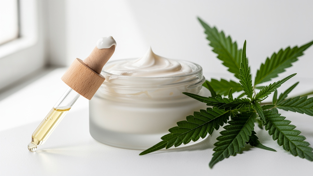 CBD cream jar with hemp leaves detailed view