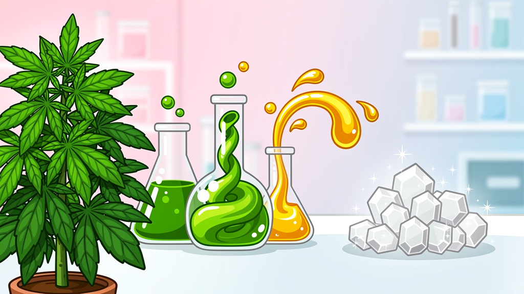 Cartoon illustration of CBD extraction process stages