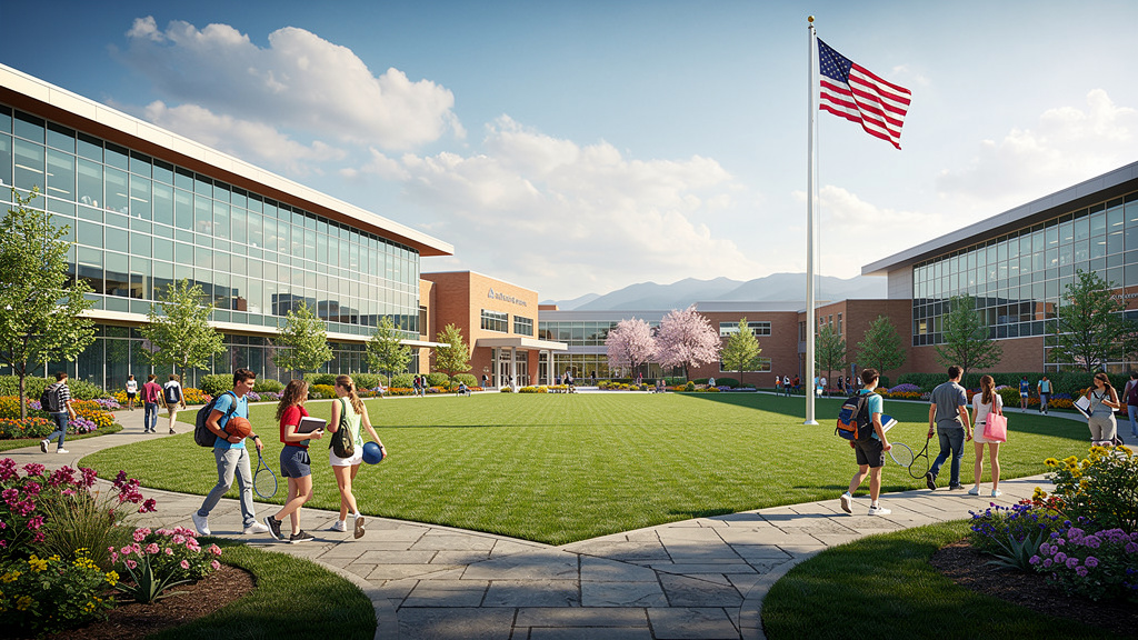 Modern American high school campus with academic facilities