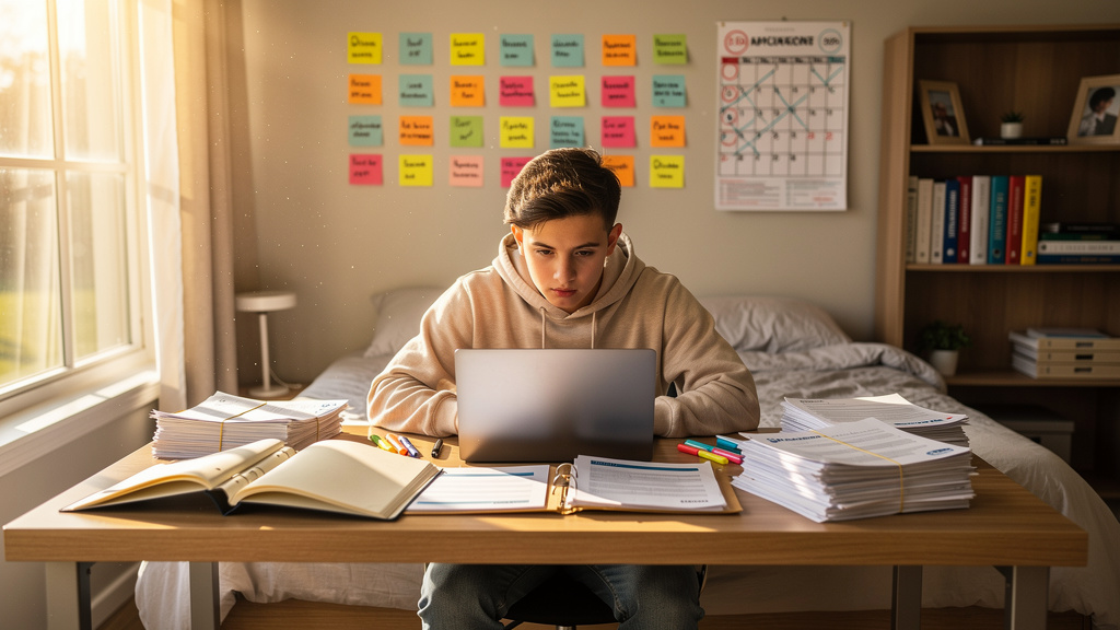 Student organizing scholarship application documents and timeline