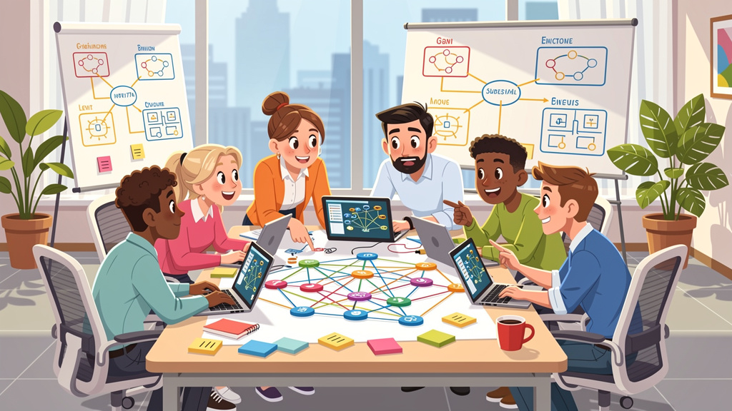 Cartoon team of network engineers collaborating on projects