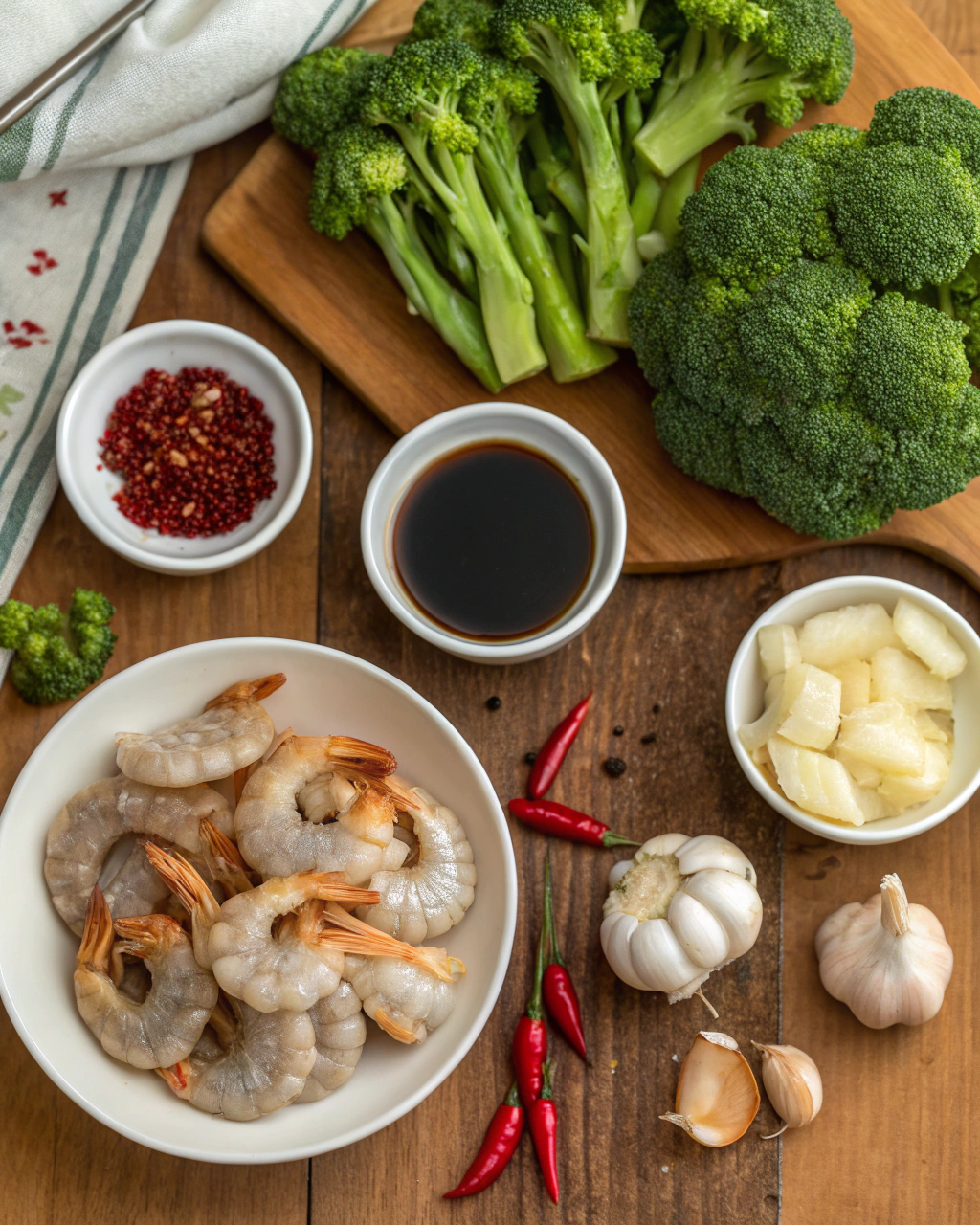 Honey garlic butter shrimp and broccoli ingredients arranged on white marble surface showing golden honey, fresh green broccoli florets, pink raw shrimp, and aromatic seasonings