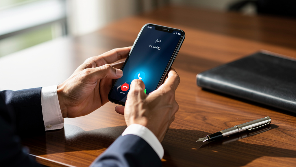 Business professional receiving incoming sales call on smartphone