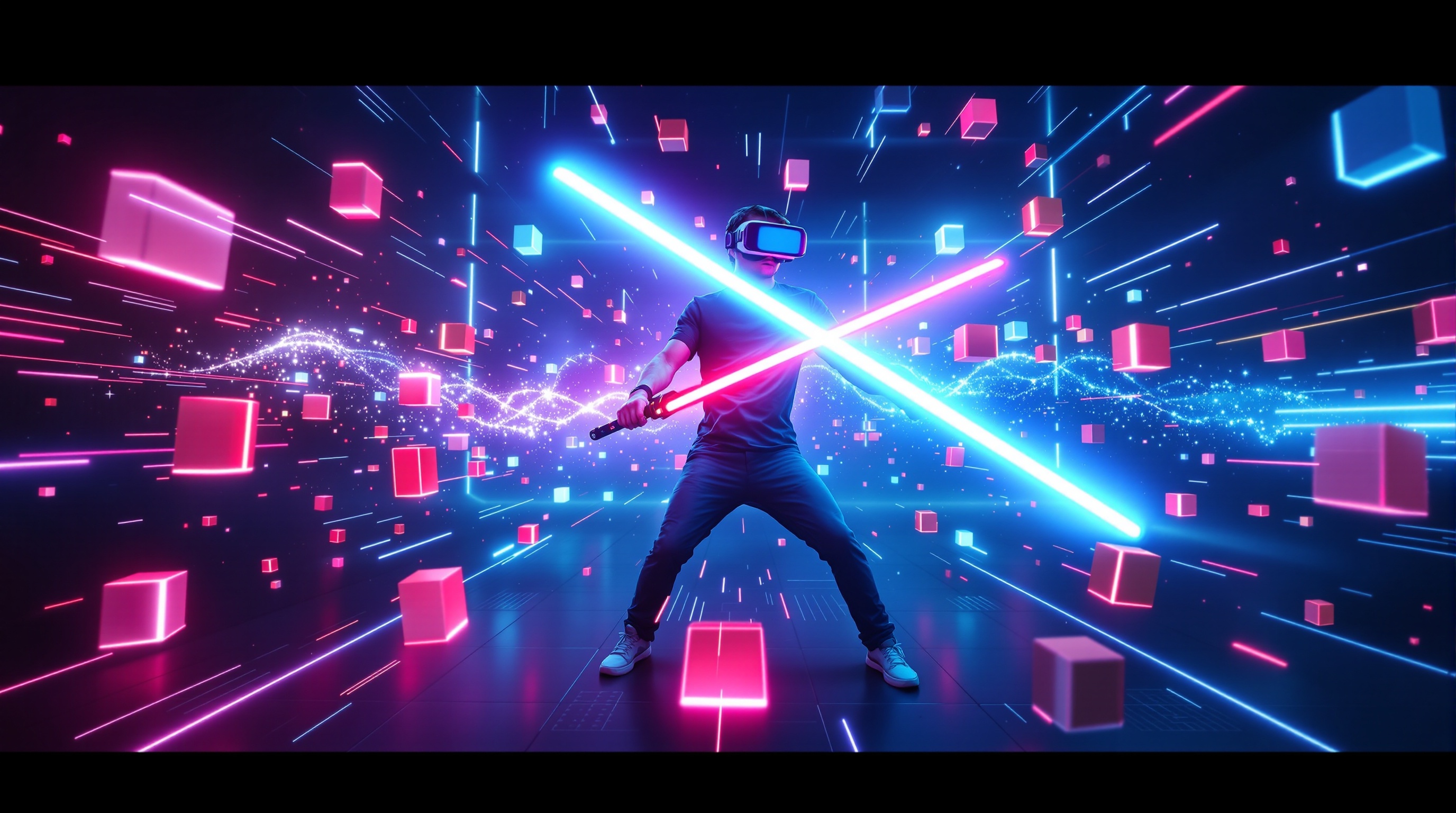 Jugador de Beat Saber cortando bloques neón en realidad virtual